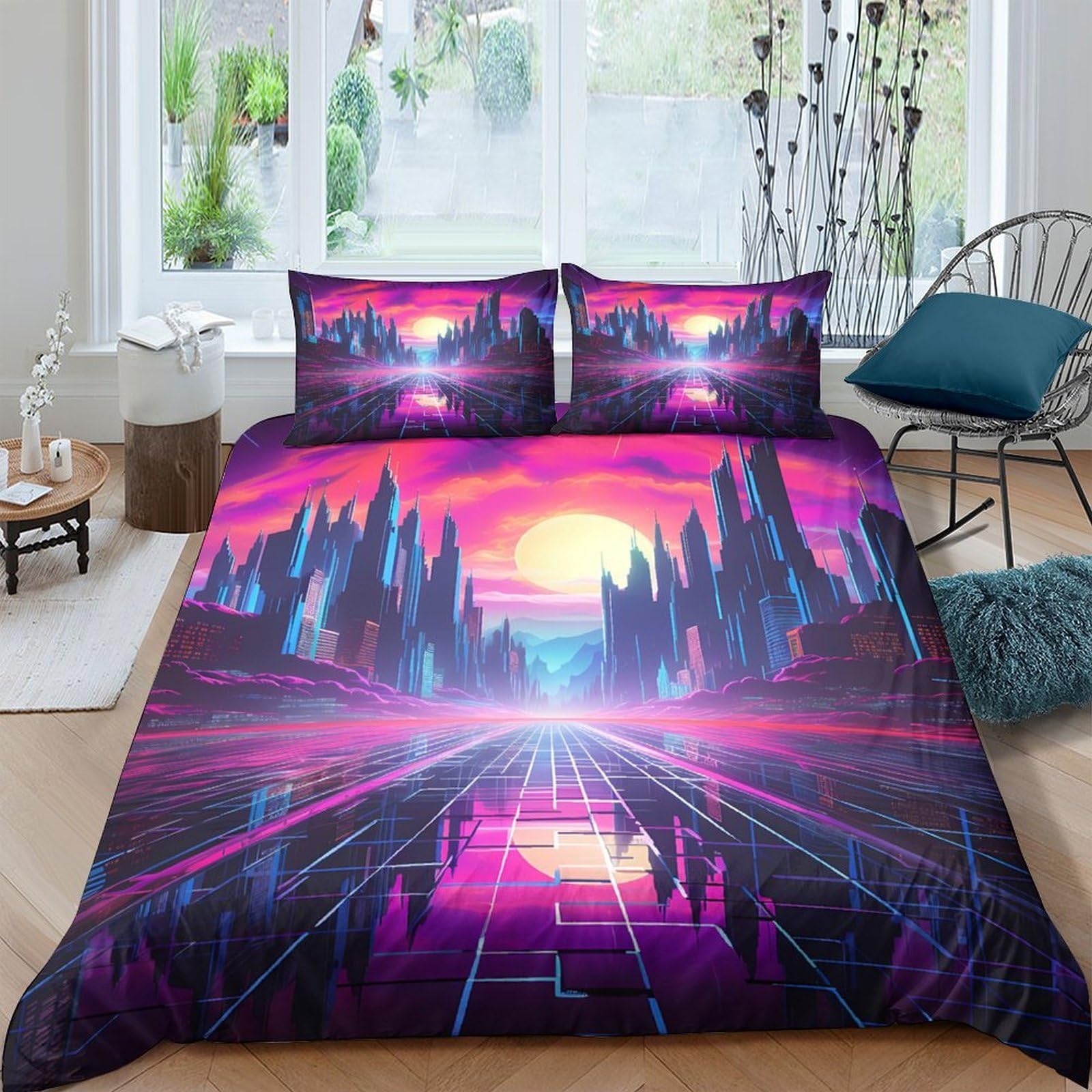 Ctjqhvkz Style-2 3D Printed Neon Sunset Fitted Sheet Microfiber Soft Breathable Cityscape Mattress Cover For Bedroom Dorm Decor Single（135X200cm）