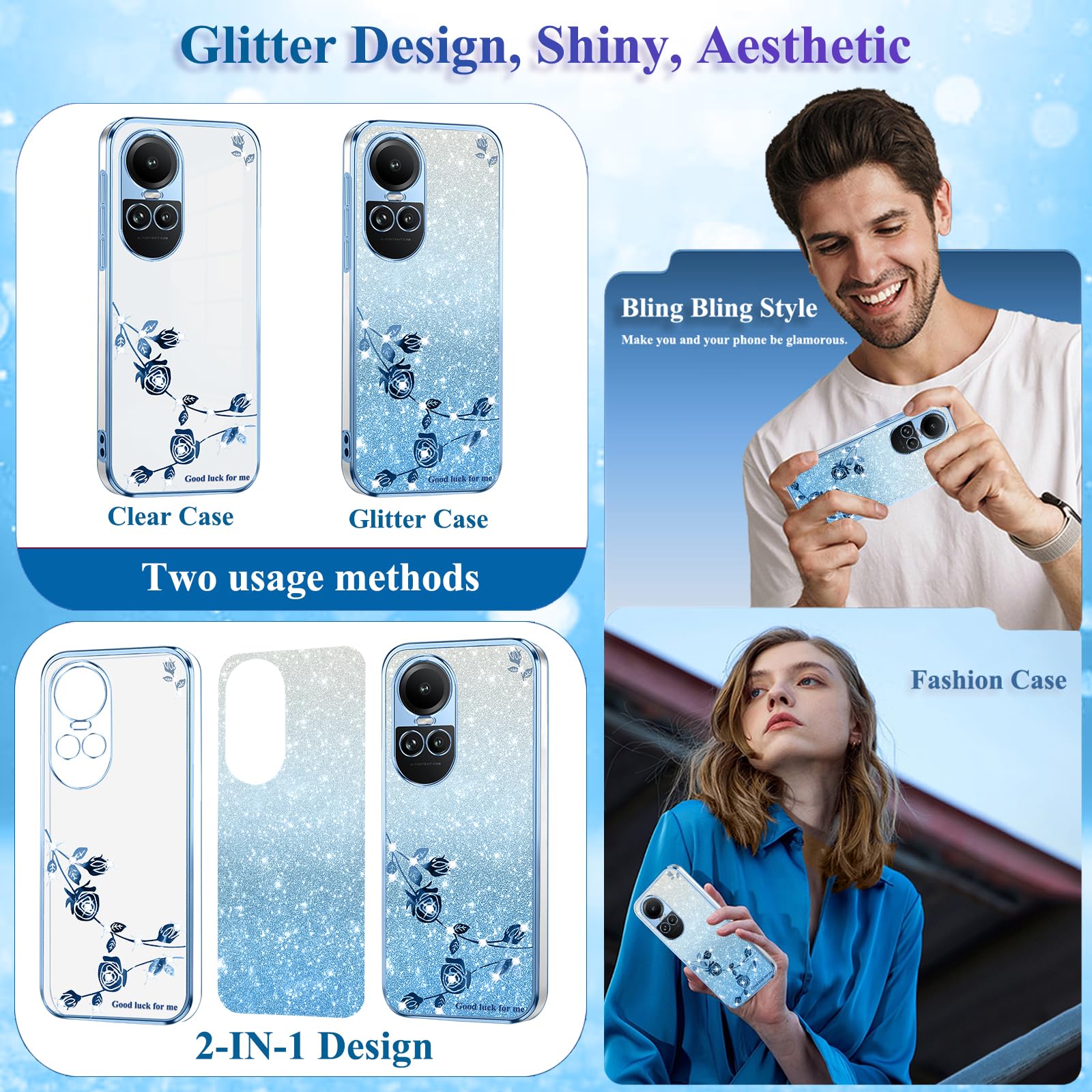 Kainevy Cover per Oppo Reno 10 5G Trasparente Glitter Antiurto con Brillantini per Bambina e Donna Custodia per Oppo Reno 10 5G Cover Silicone Morbido Slim Fiori Elegante Case (Blu