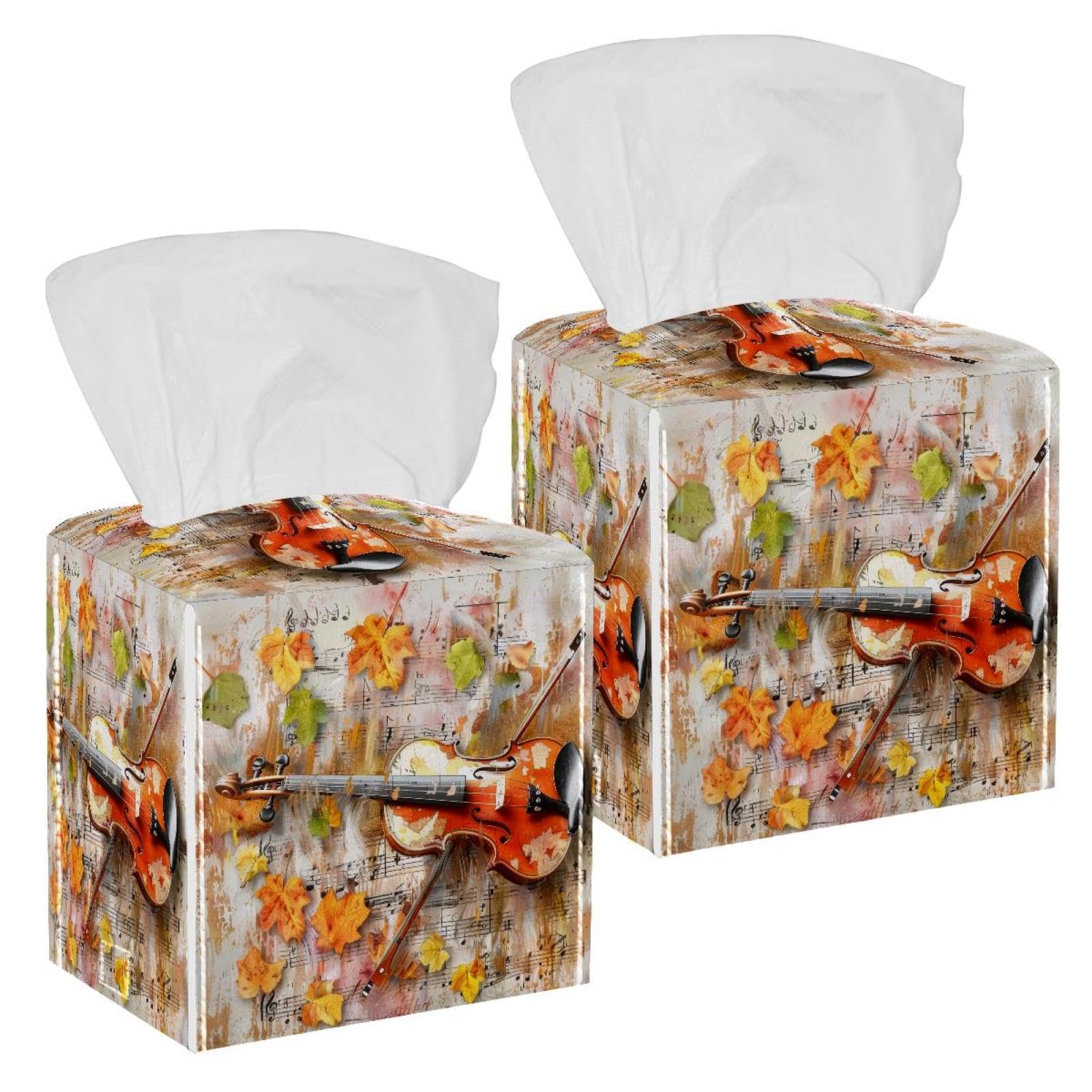 Maple Leaves and Violin Music Tissue Box Cover, 2 Pack PU Leather Square Facial Tissue Dispenser Box holder for Home Office Car
