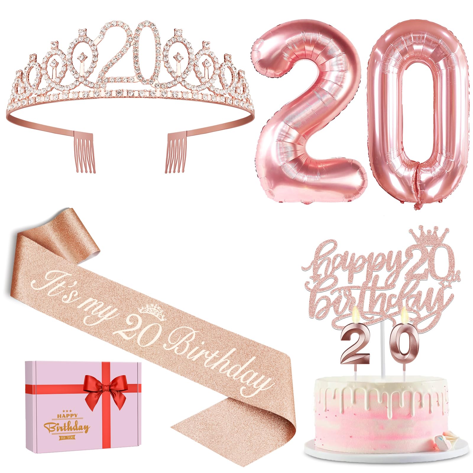 20th Birthday Decorations for Women, Including 20th Birthday Sash and Tiara, Cake Topper and Candles, Number Balloons, 20 Year Old Gifts for Women