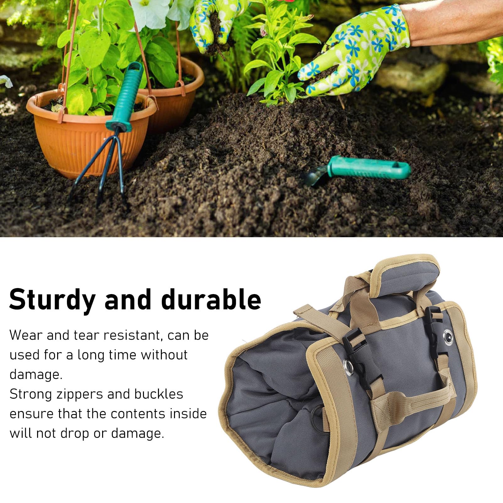 Borsa porta attrezzi multiuso, portatile, in tessuto Oxford, tasche separate, organizer per attrezzi per giardinaggio e campeggio (grigio)