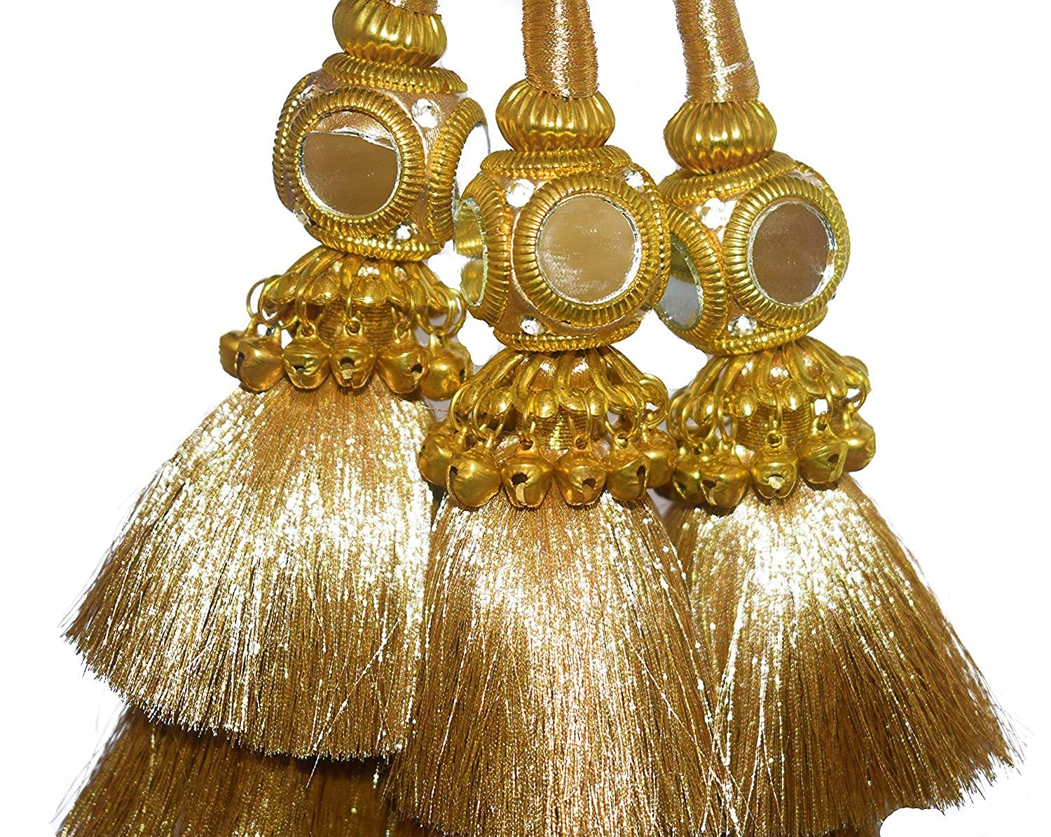 N'AHair Extensions for Women Used As Braid/Parandi tasslesChoti Hair Parandi ||Punjabi Golden Coloured Fabric Parandi Tassles Hair Extensions with Mirror and Beads for Women and Girls