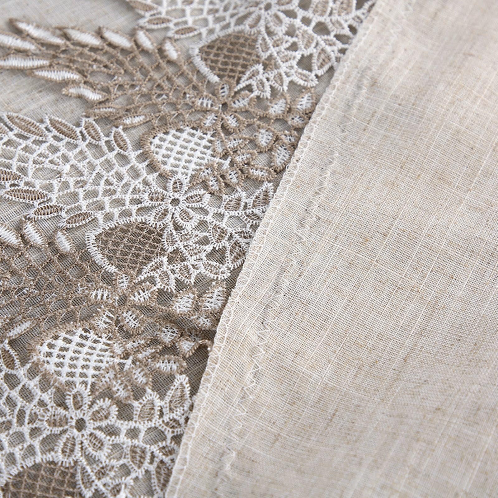 Tovaglia rotonda beige, pizzo floreale in lino, 150 cm