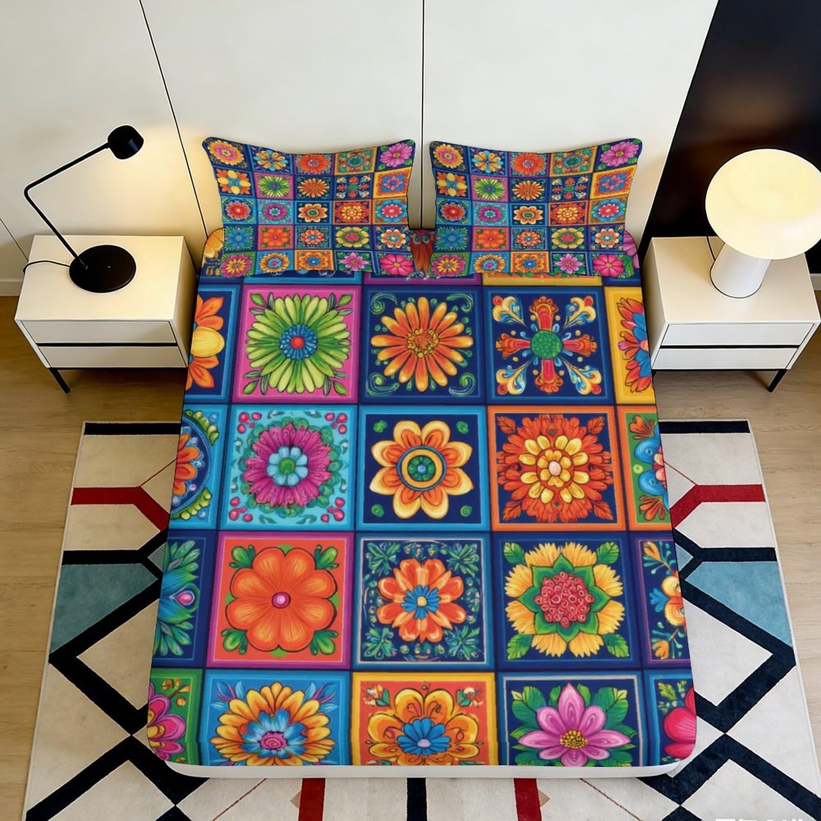 3D Printed Floral Patchwork Fitted Sheet Microfiber Colourful Mandala Bed Cover for Bedroom Guest Room Dorm Decor 90x200x25cm