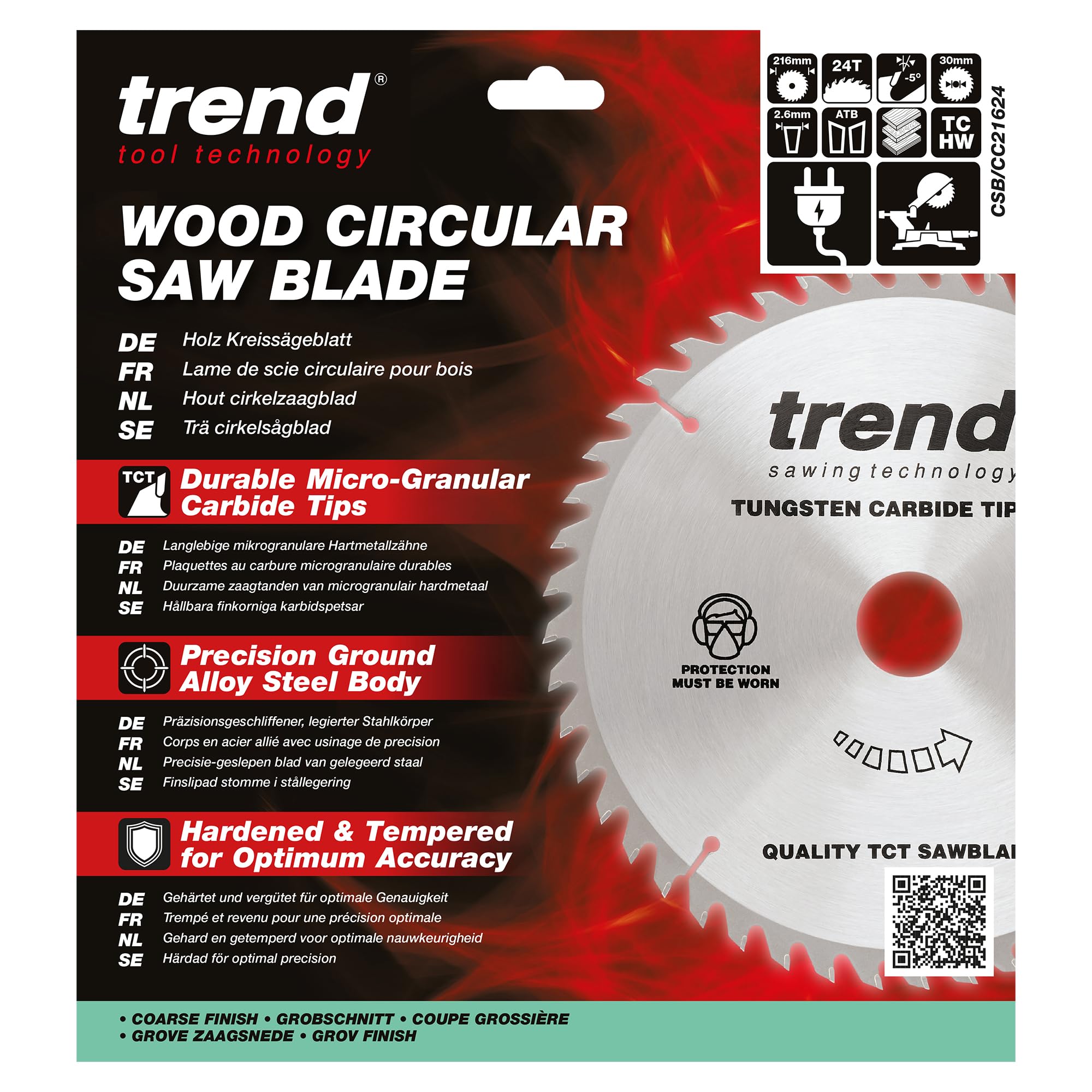 Trend Hoja de Sierra Ingletadora para Madera, 216mm de Diámetro, 30mm de Orificio, 24 Dientes, 2.6mm de Corte, -5° de Ángulo, metal duro (TCT), Acabado Grueso, CSB/CC21624