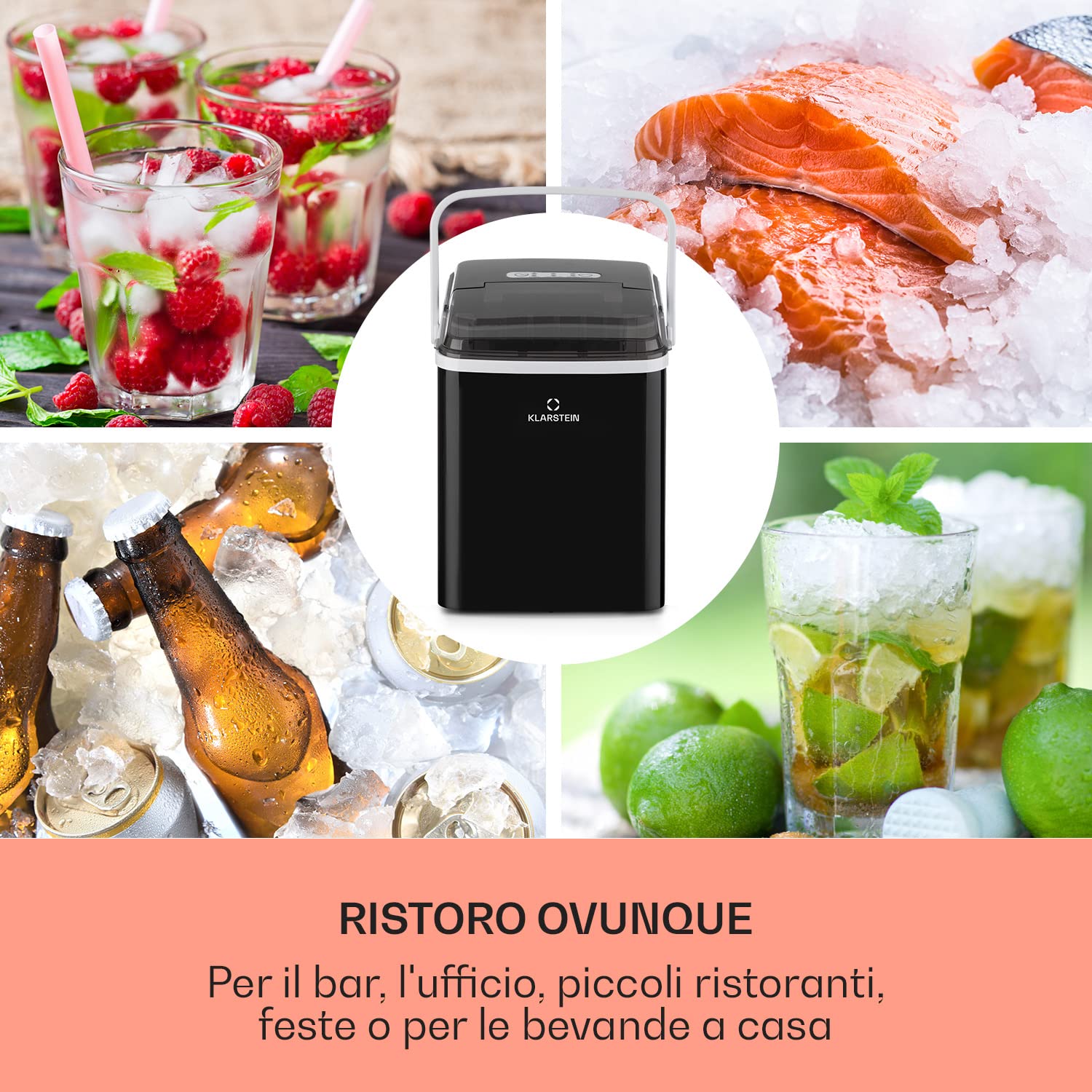 Klarstein Macchina Ghiaccio 2L, Macchina del Ghiaccio Professionale, Fabbricatore Ghiaccio Secco Alimentare 12kg, Cubetti di Grandi Piccole Dimensioni, Macchina Ghiaccio Casa Autopulente Cocktail