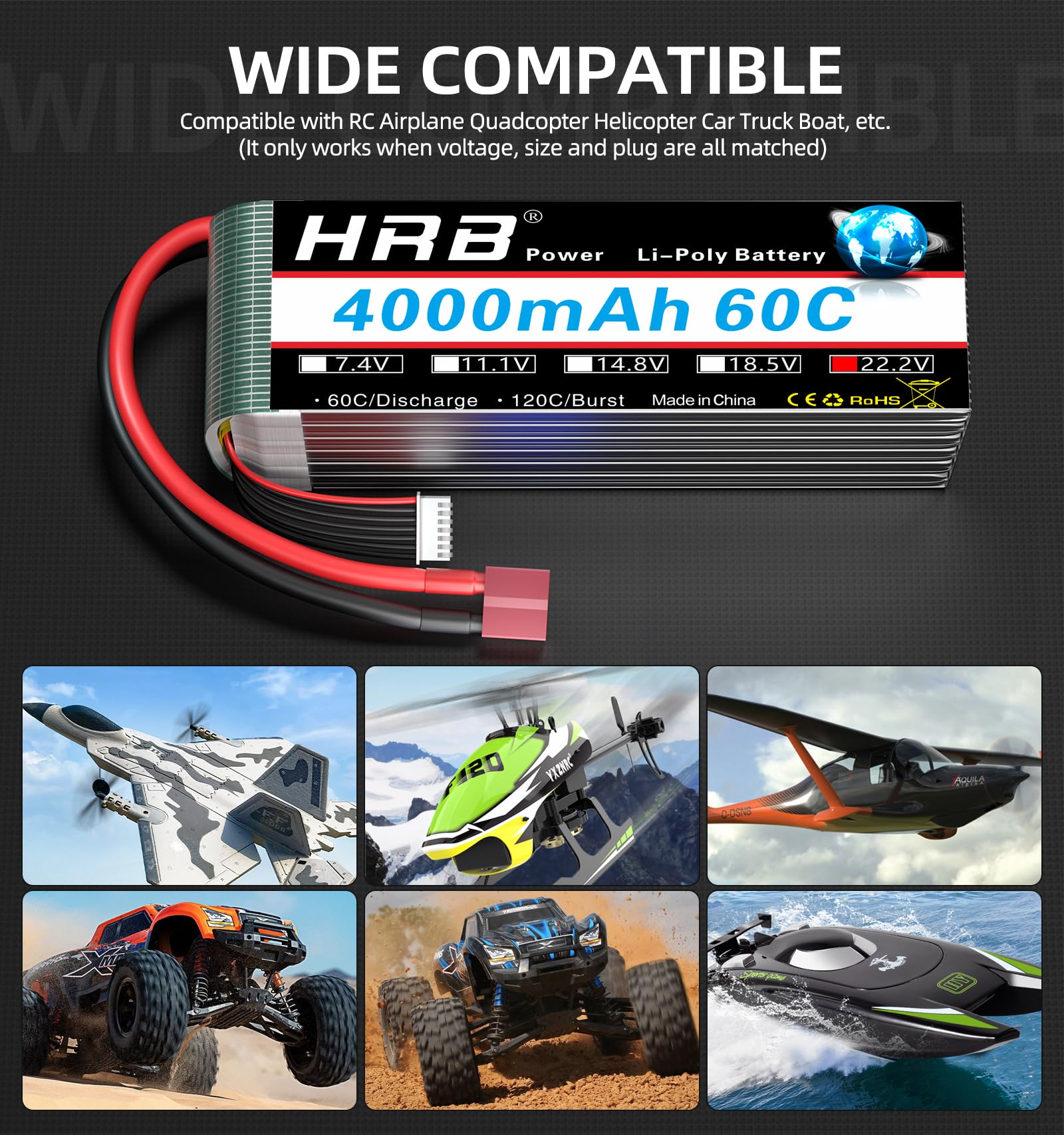 HRB 2pcs 6S Lipo Battery Dean T 22.2V 4000mAh 60C RC Lipo Battery Compatible with für RC Quadrocopter Flugzeug Helikopter Auto Boot Hobby