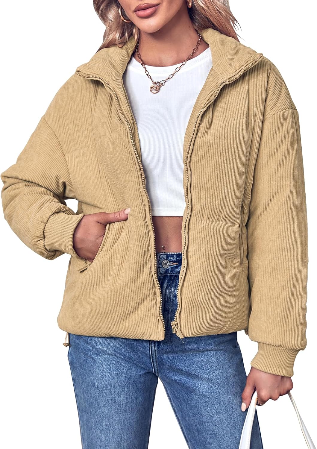 Fisoew Womens Winter Corduroy Puffer Jackets Cropped Puffy Quilted Jackets Coat 2025 - Image 5