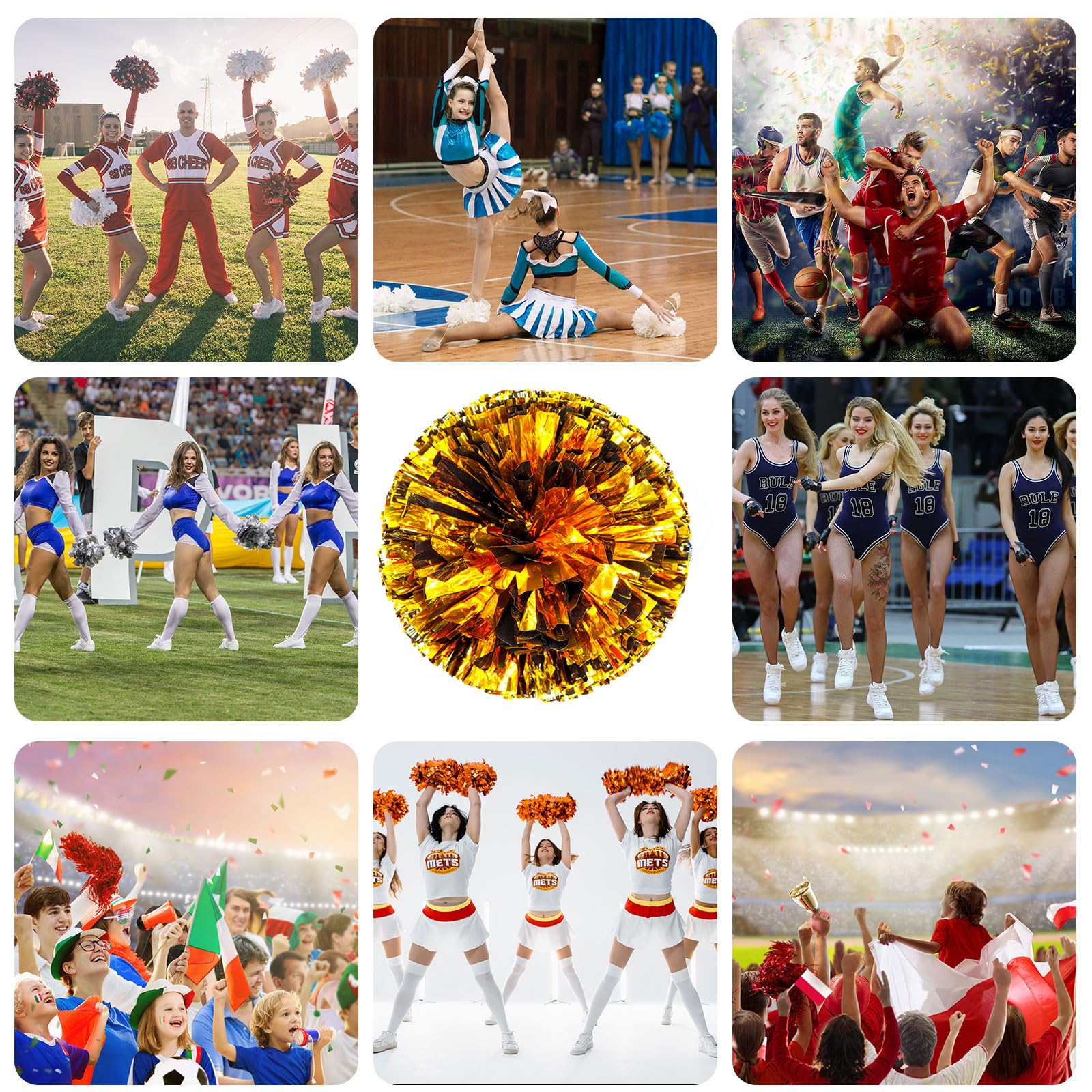 Pompony cheerleaderek, 36 szt. z prostym uchwytem, ręczne pompony drużynowe do drużyny sportowej Cheer Spirit Games, na imprezę taneczną dla dorosłych (czarne + złote)