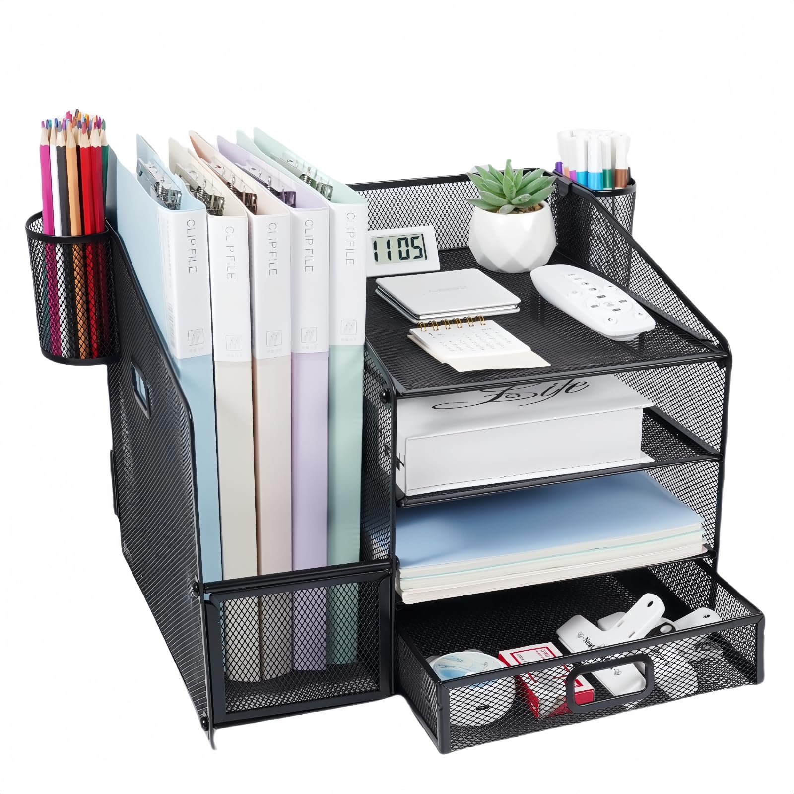 Tonsmile Office Desk Organiser, Mesh Desktop Stationary Organiser with 2 Pen Holders and Drawer, Desk Tidy Storage For Books, Documents, A4 Files, Magazine, Letter, Papers, Pens, Pencils