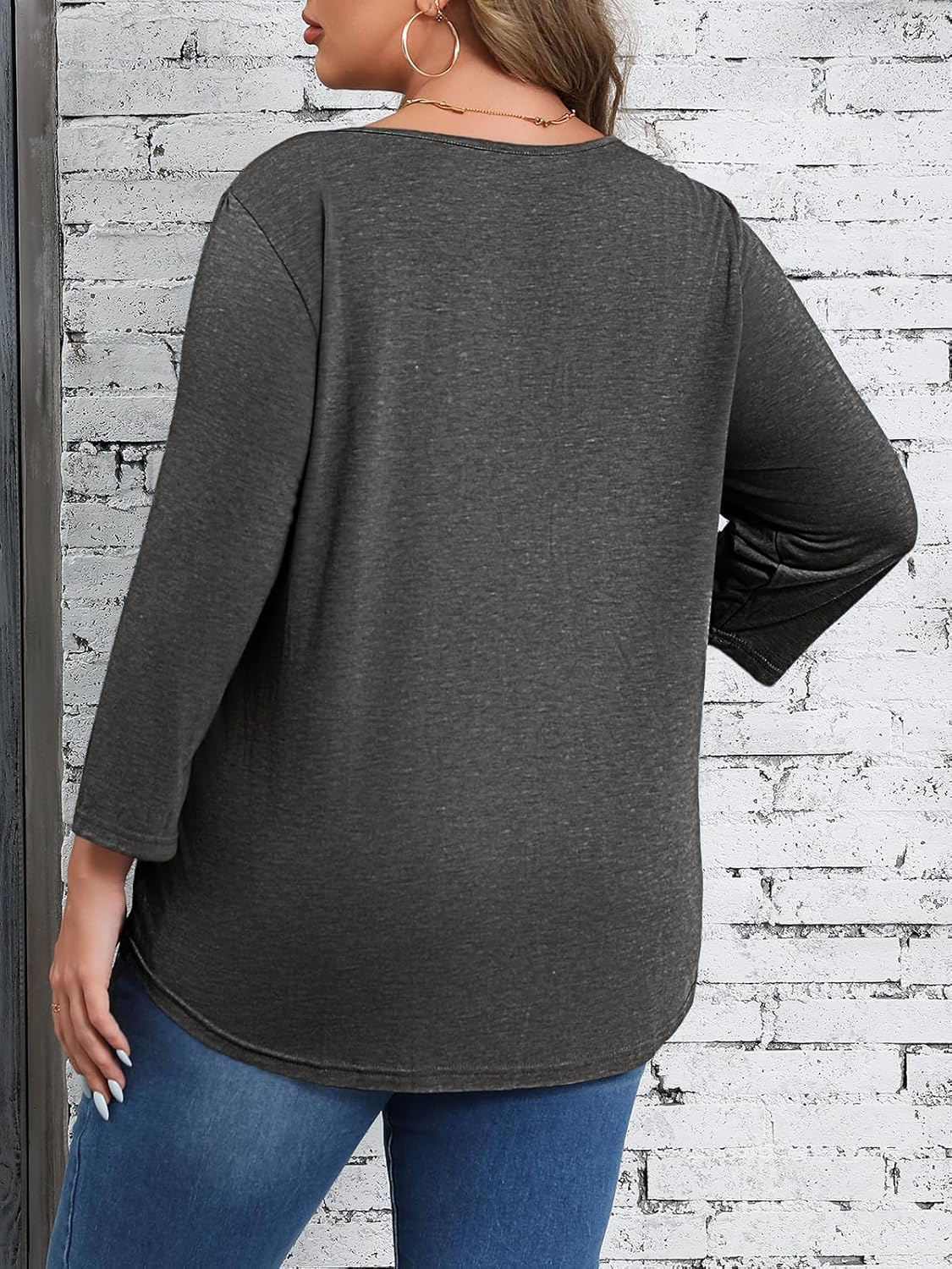 Beautife Womens Plus Size T-Shirts V Neck 3/4 Sleeve Tops Fall Henley Shirts Casual Basic Loose Fit Blouses - Image 3