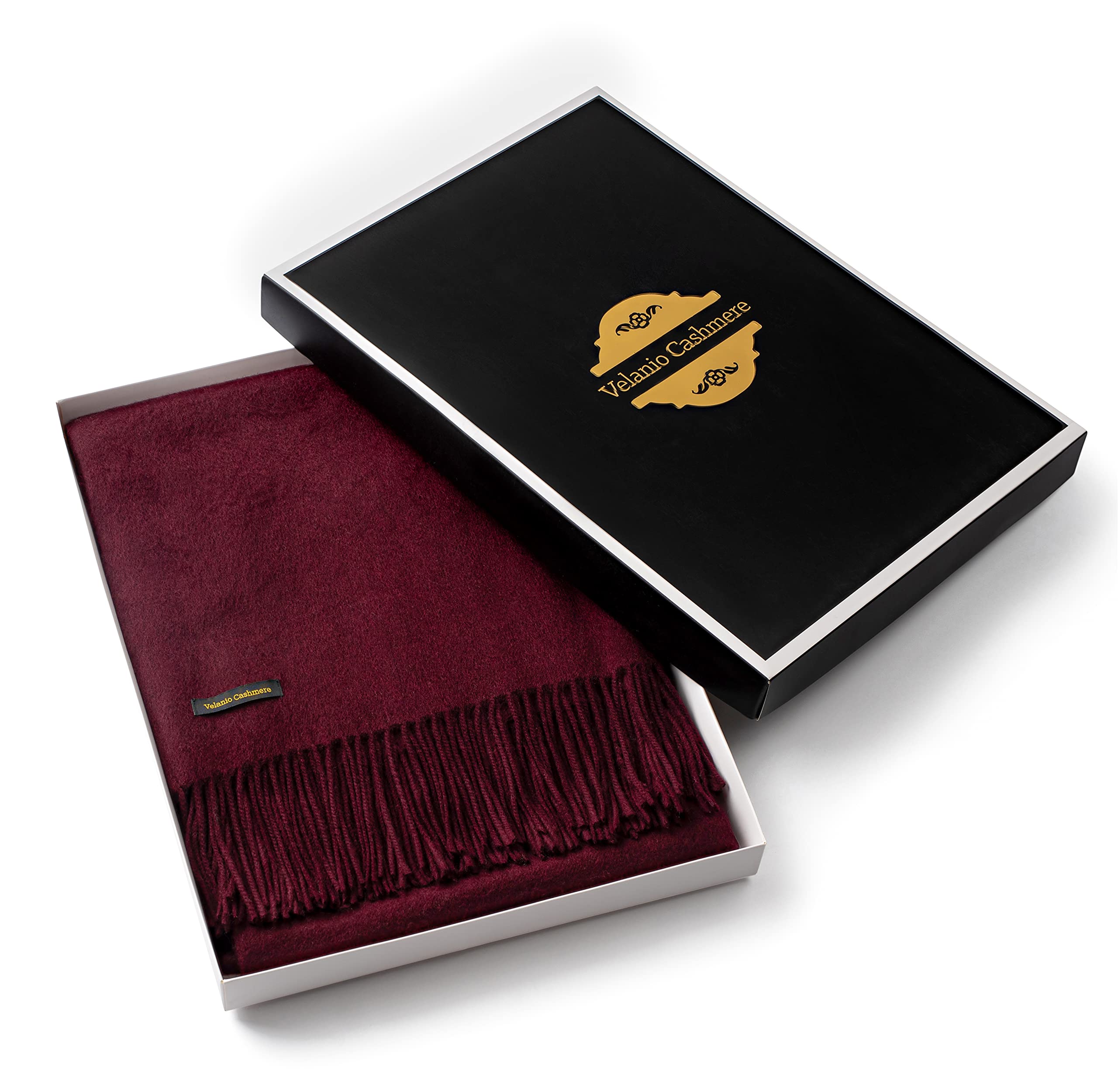 Velanio Cashmere 100% Cashmere Throw Blanket with Fringe 60 x 54 Inch Super Soft Warm for Home, Travel Sofa Bed (Wine)