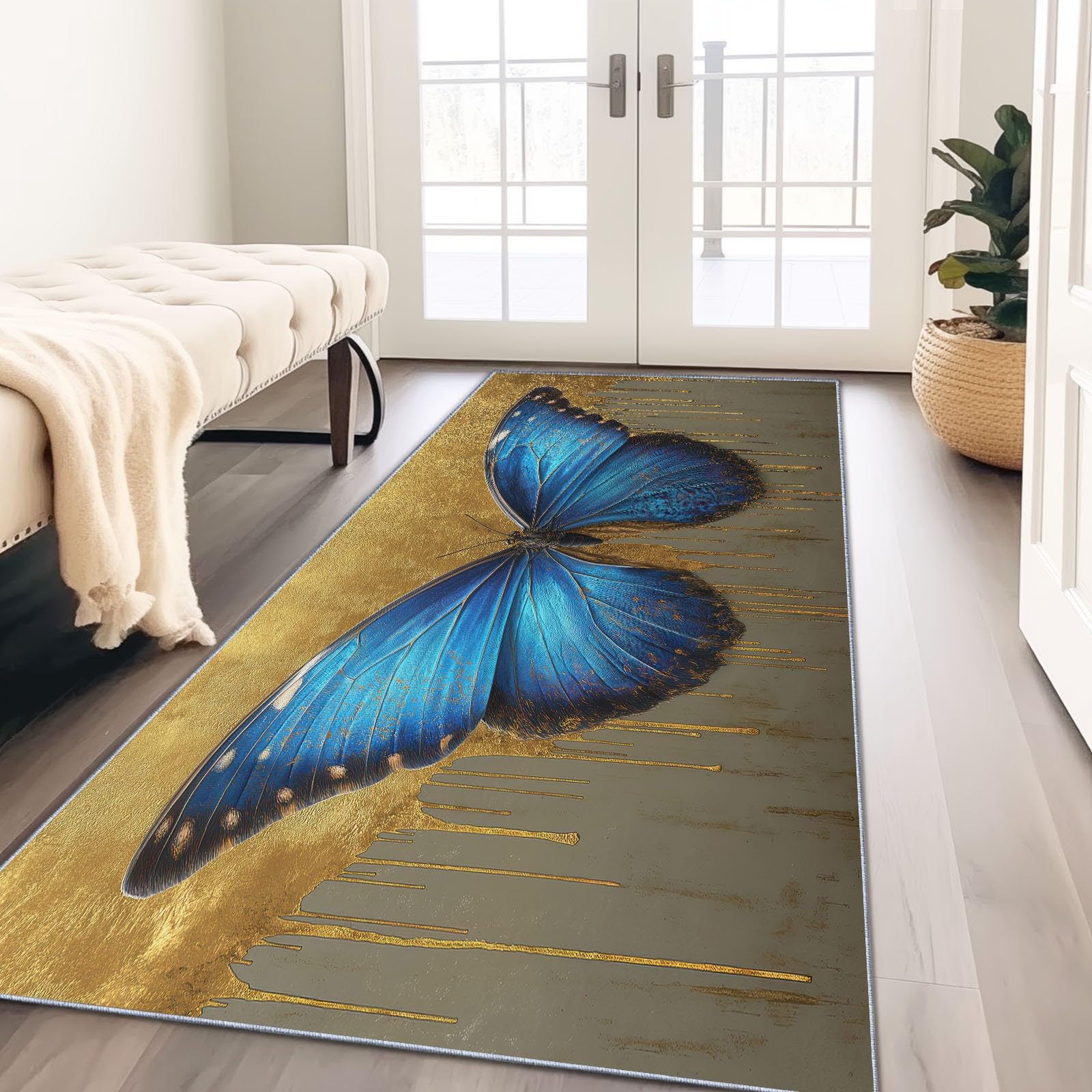 Tapis de couloir lavable et antidérapant imprimé papillon morpho bleu pour sécuriser votre cuisine