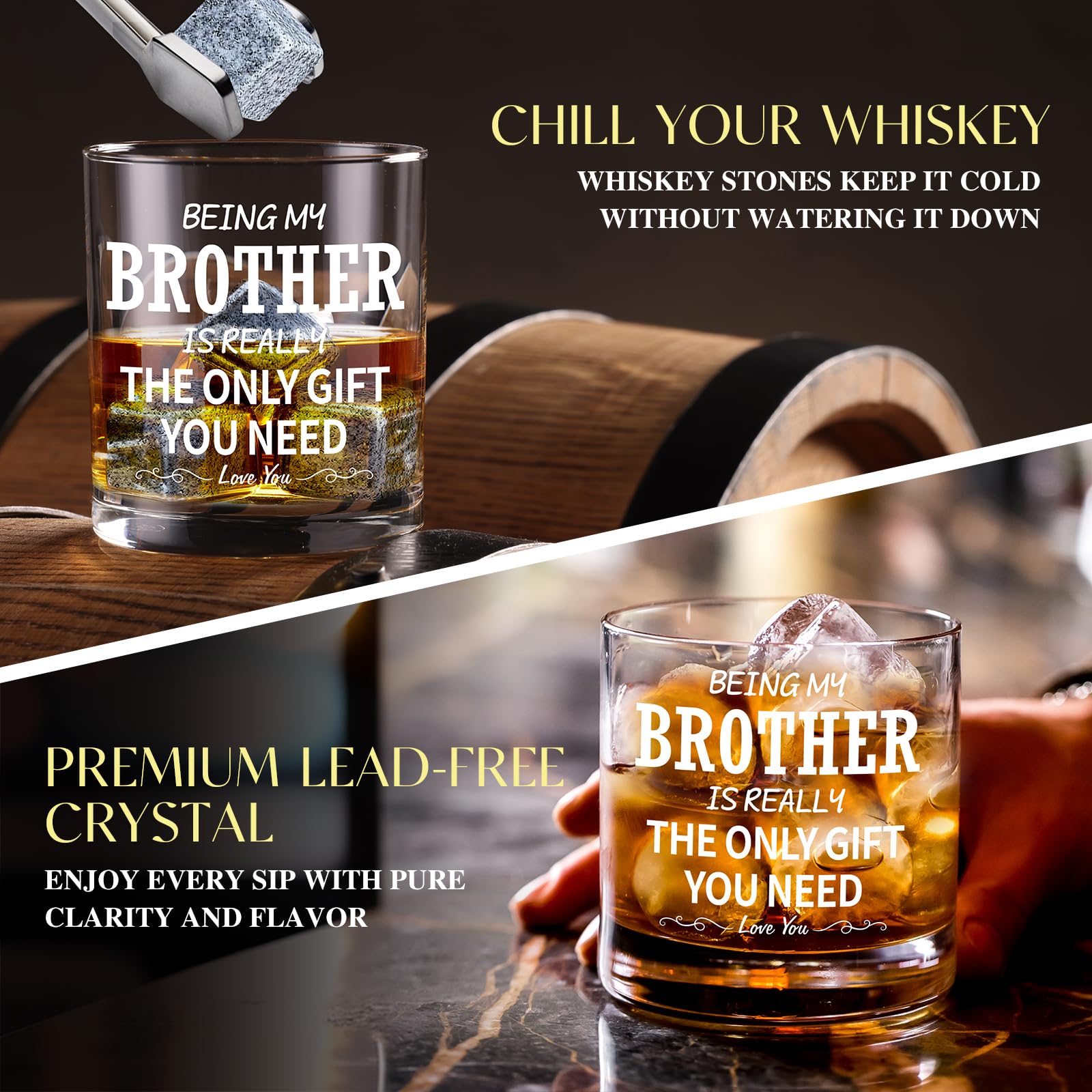 15 Pcs Brother Gifts from Sister Brother with 11 Oz Whiskey Glass Coaster Hat Socks Acrylic Plaque Bracelet Keychain, Birthday Christmas Christian Gift for Men Son Nephew Grandson