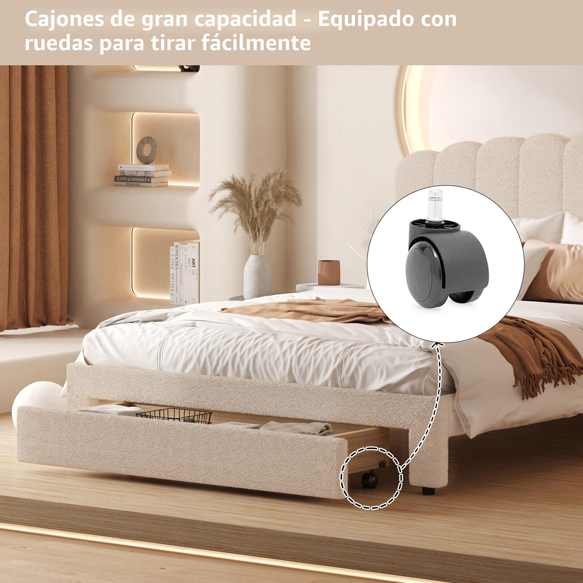 Cama de matrimonio 160 x 200 cm con cajón de madera acolchada con cabecero acolchado