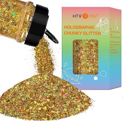 HTVRONT Purpurina holográfica gruesa dorada, 7.05 oz7 onzas, purpurina para resina, purpurina metálica iridiscente gruesa de resina de lentejuelas,
