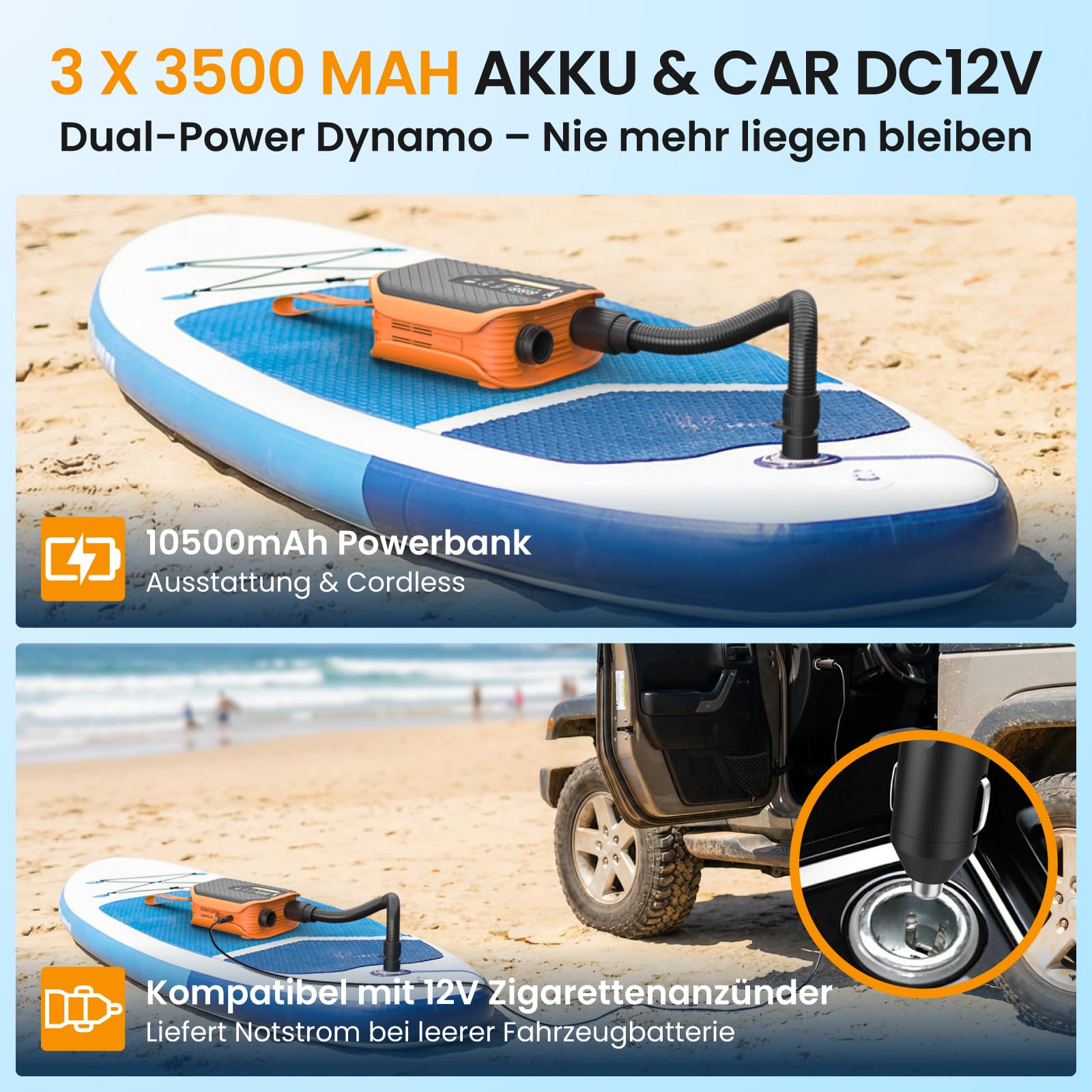 TowerTop Sup Pumpe Akku: 10500mAh Akku Pumpe für Auto/SUP, 50 PSI Stand Up Paddle Pumpe, 12V DC Zweistufenpumpe (Auf- und Ablassen) mit 8 Düsen für Paddleboards, aufblasbare Artikel, Kajaks und Autos