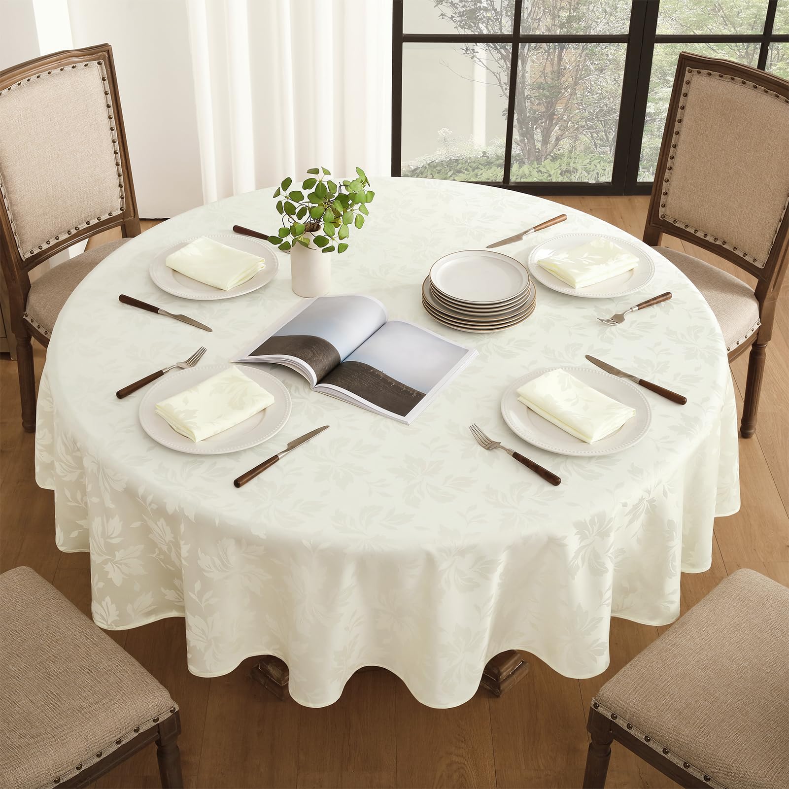 Romanstile tovaglia rotonda 200 cm diametro tovaglia antimacchia tovaglie beige moderna tovaglie Jacquard per decorativa Tavolo 8-10 posti per esterni, feste di compleanno, banchetti,1 Pezzo