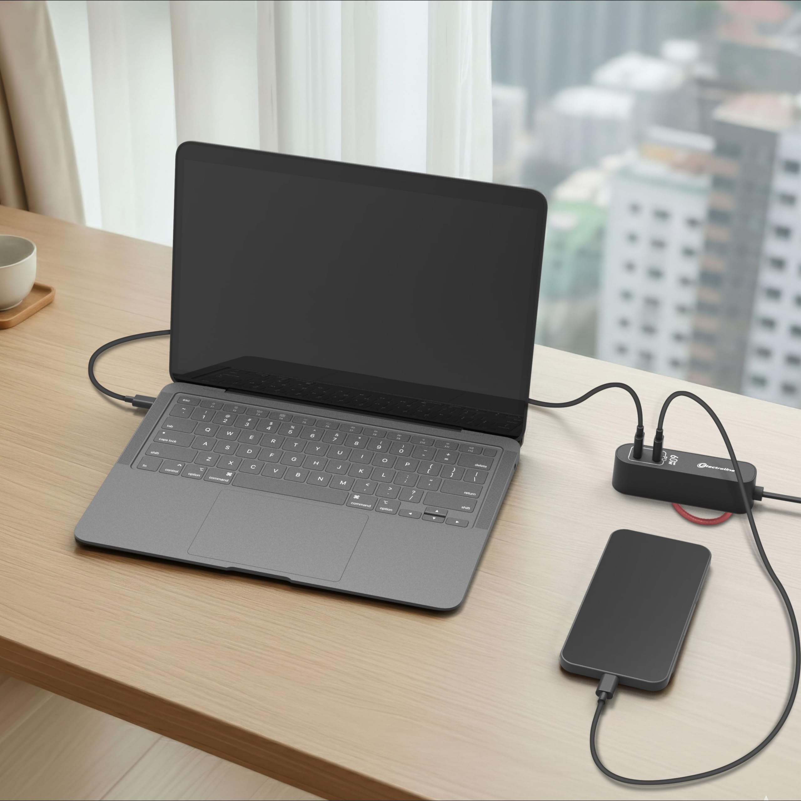 Electraline 62655 Przenośna ładowarka Power Delivery GaN z 2 protokołami USB typu C PPS do ładowania wszystkich urządzeń (w tym komputerów), przedłużacz 1,5 m, wtyczka europejska, 60 W PD