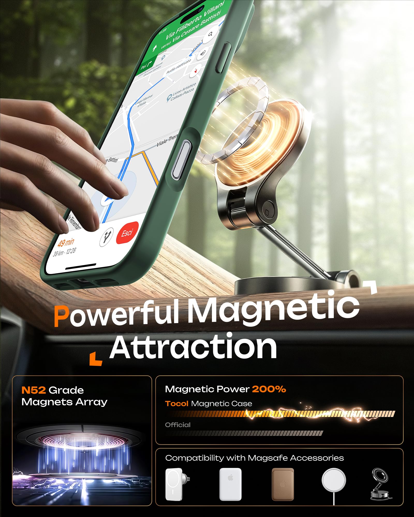 TOCOL Cover Magnetica per iPhone 17 Pro 6,3 Pollic, Compatibile con MagSafe, Anello Magnetico Incorporato, Protezione Fotocamera Integrata, Custodia Antiurto Traslucida Opaca, Verde Alpino