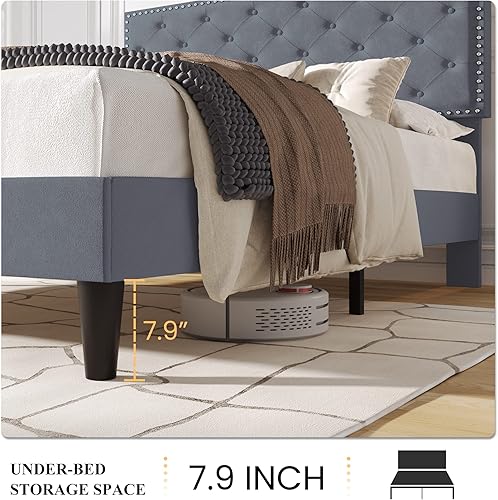Miniatura 21 de SHA CERLIN Base de cama de terciopelo tamaño Queen con cabecera ajustable, botón de diamante y decoración de remaches, no necesita somier, color
