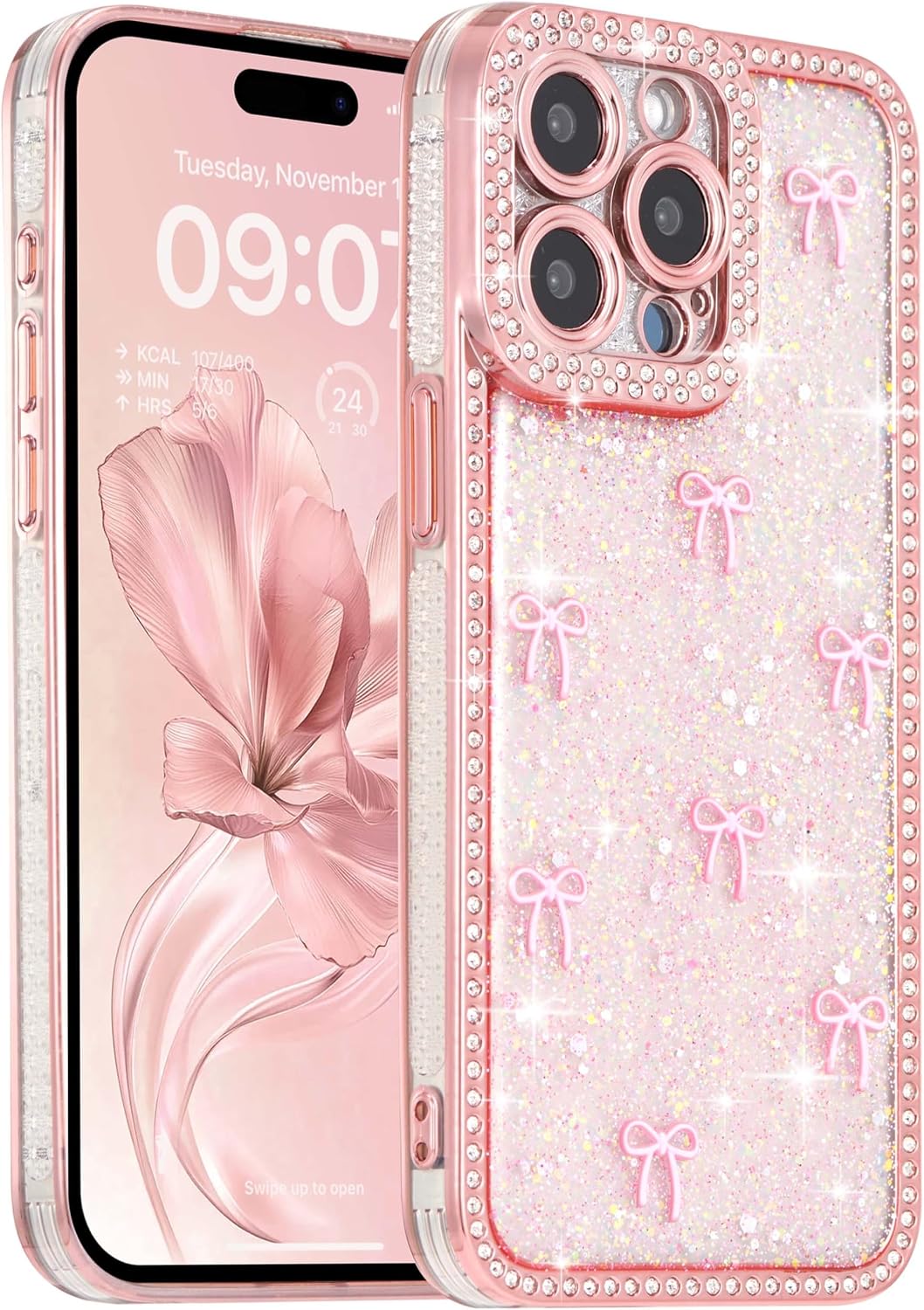 FABSPARK Clear Case for iPhone 16e/17e,Glitter 3D Bow,Pink/Pink Bow