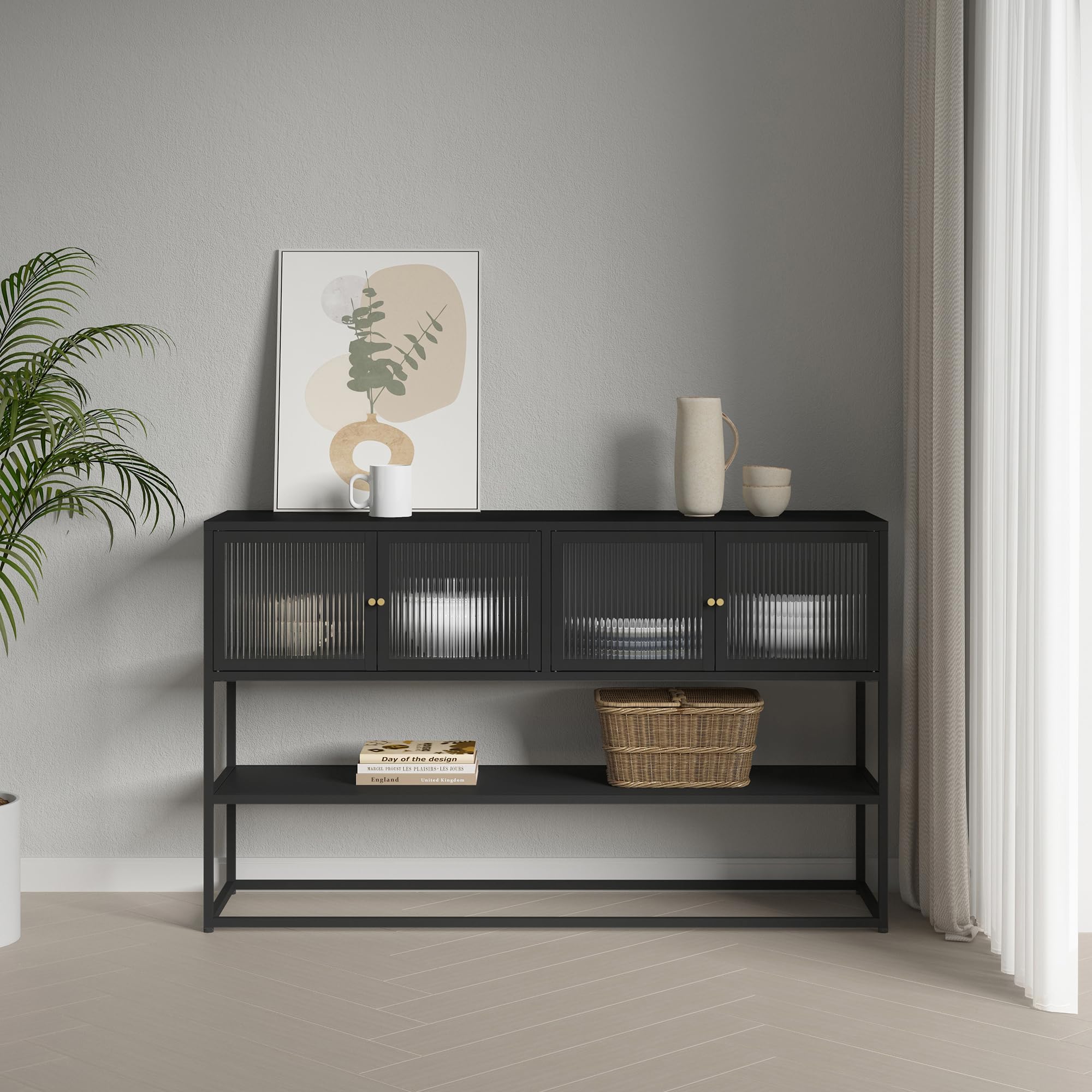 [en.casa] Sideboard Säkylä Vitrine Mehrzweckschrank 150 x 38 x 90 cm Vitrinenschrank mit 4 Glastüren 2 Fächern und 1 Ablage für Wohnzimmer Esszimmer Flur Schwarz