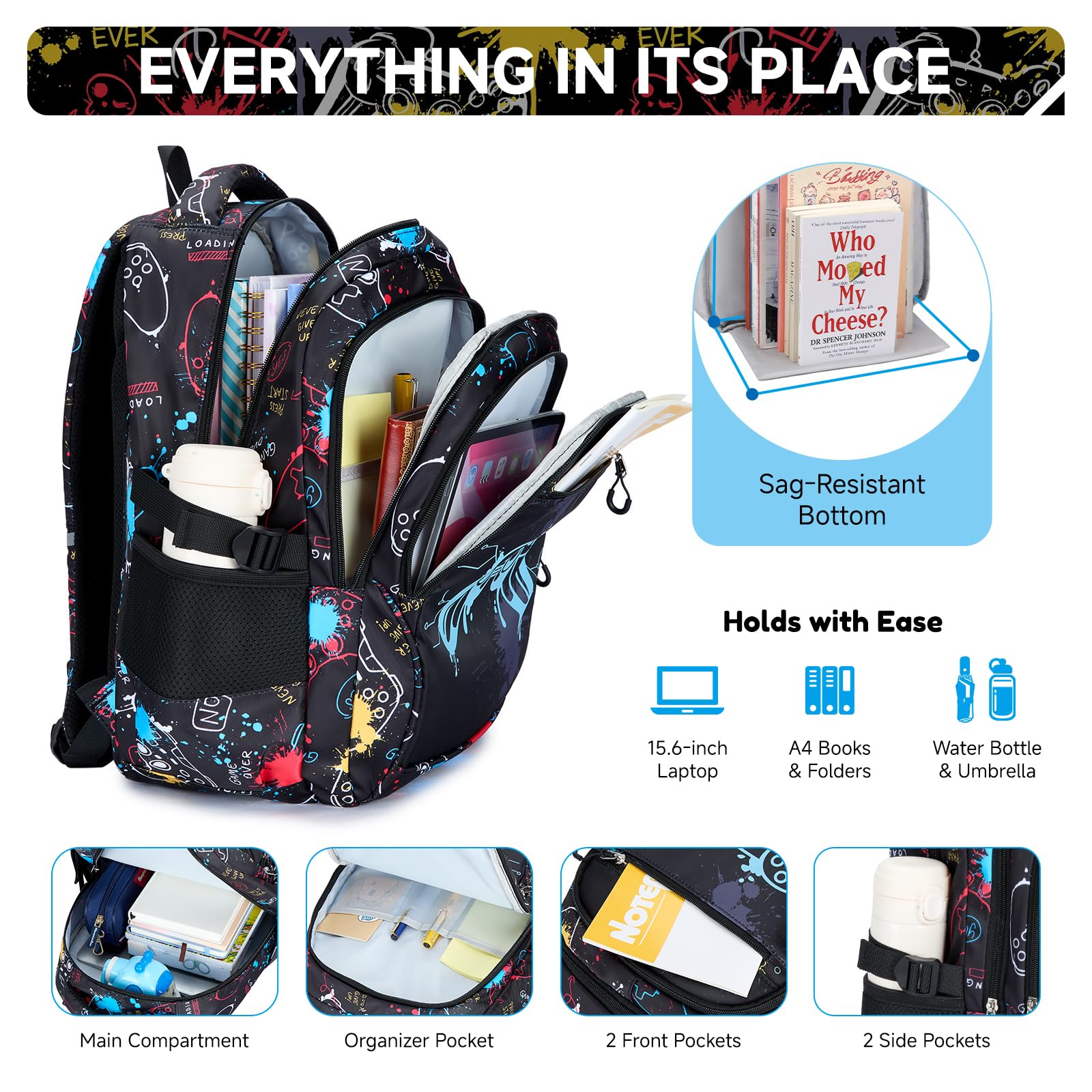 Amythe Zaino Ragazzi - Scuola Elementare e Media - Set Completo con Borsa Petto, Borza Pranzo & Astuccio – Zaino Adolescenti Grande Leggero Impermeabile per Scuola & Viaggi, Nero
