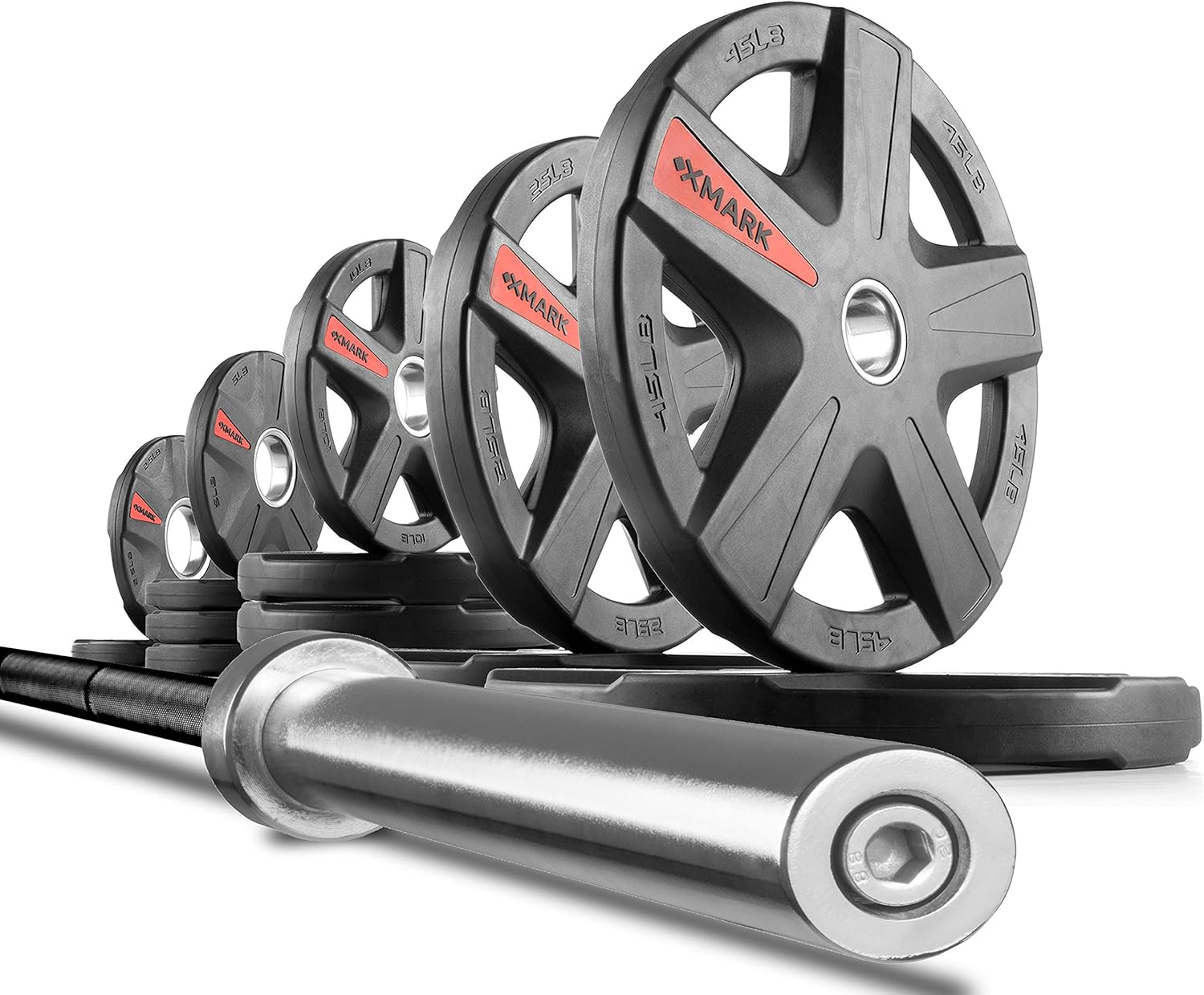 XMark TEXAS STAR Olympic Weight Plate Sets with XMark Olympic Weightlifting Bar, 2-inch Rubber Coated Olympic Grip Plate Set With 7’ Olympic Bar, Great for Home Gyms