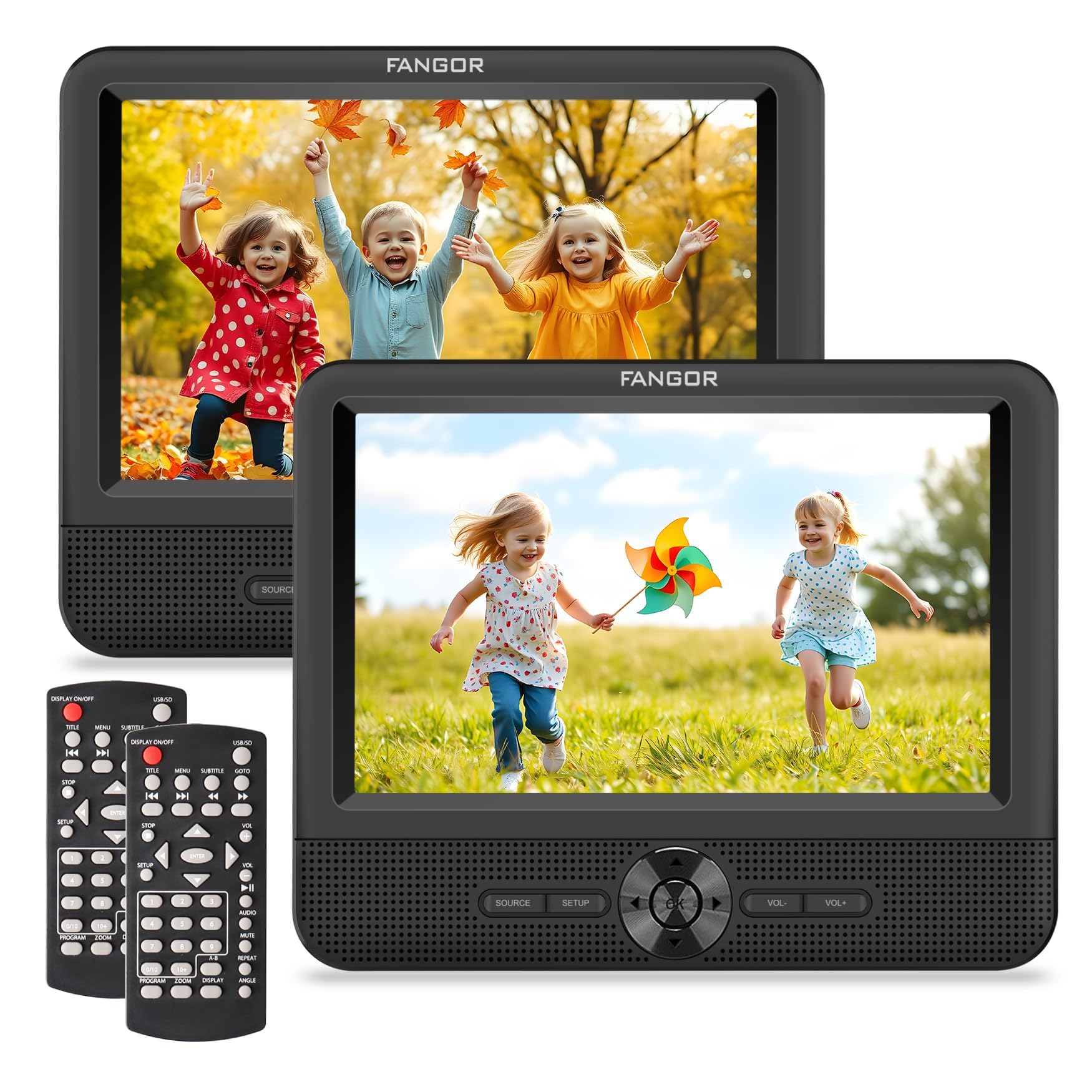 FANGOR 7.5 Inch Car DVD Player, Car DVD Player Dual Screen Play Two Different Movies or The Same Movie with Customized Headrest Strap, Support All