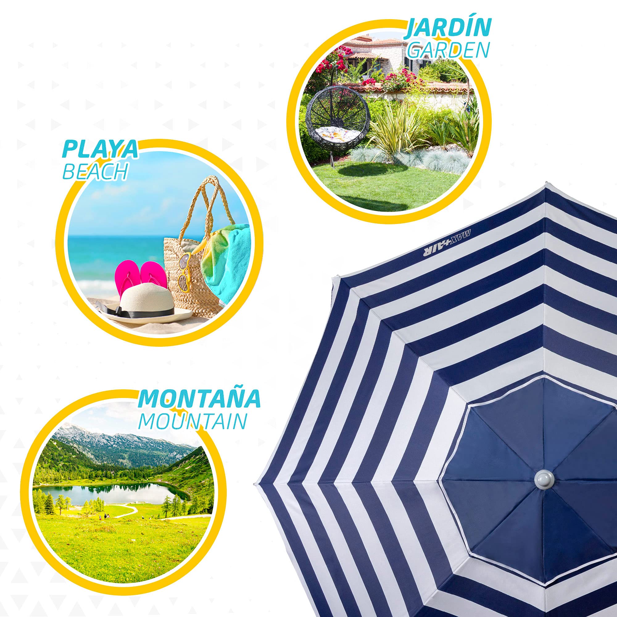 AKTIVE Parasol de Plage, 220 cm, Pare-Soleil Résistant au Vent, Toit de Ventilation, Mât 28-32 mm, Protection UV50, Motif Rayures Sailor, Sac de Rangement Inclus