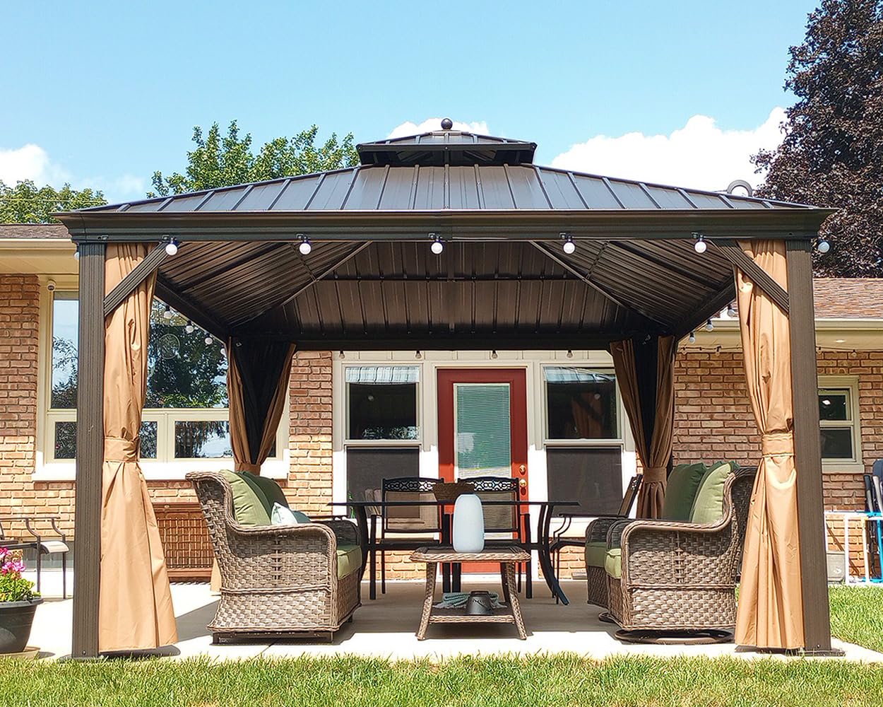 PURPLE LEAF Patio Hardtop Gazebo 12' x 14' Bronze 4.7" Wide Frame Khaki LED
