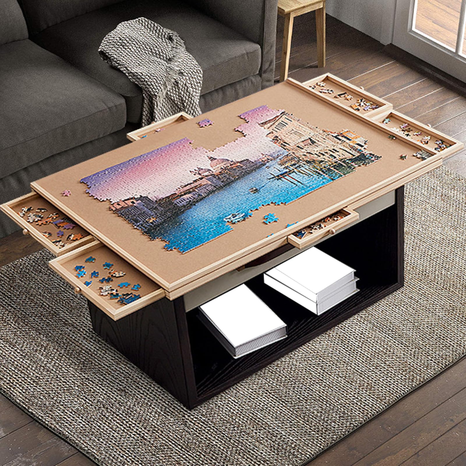 Deska do puzzli, drewno, stół z szufladami, rotacja stołu puzzli, deski do przechowywania puzzli, z osłoną ochronną, antypoślizgowa, pasuje do 1000 puzzli, salonu