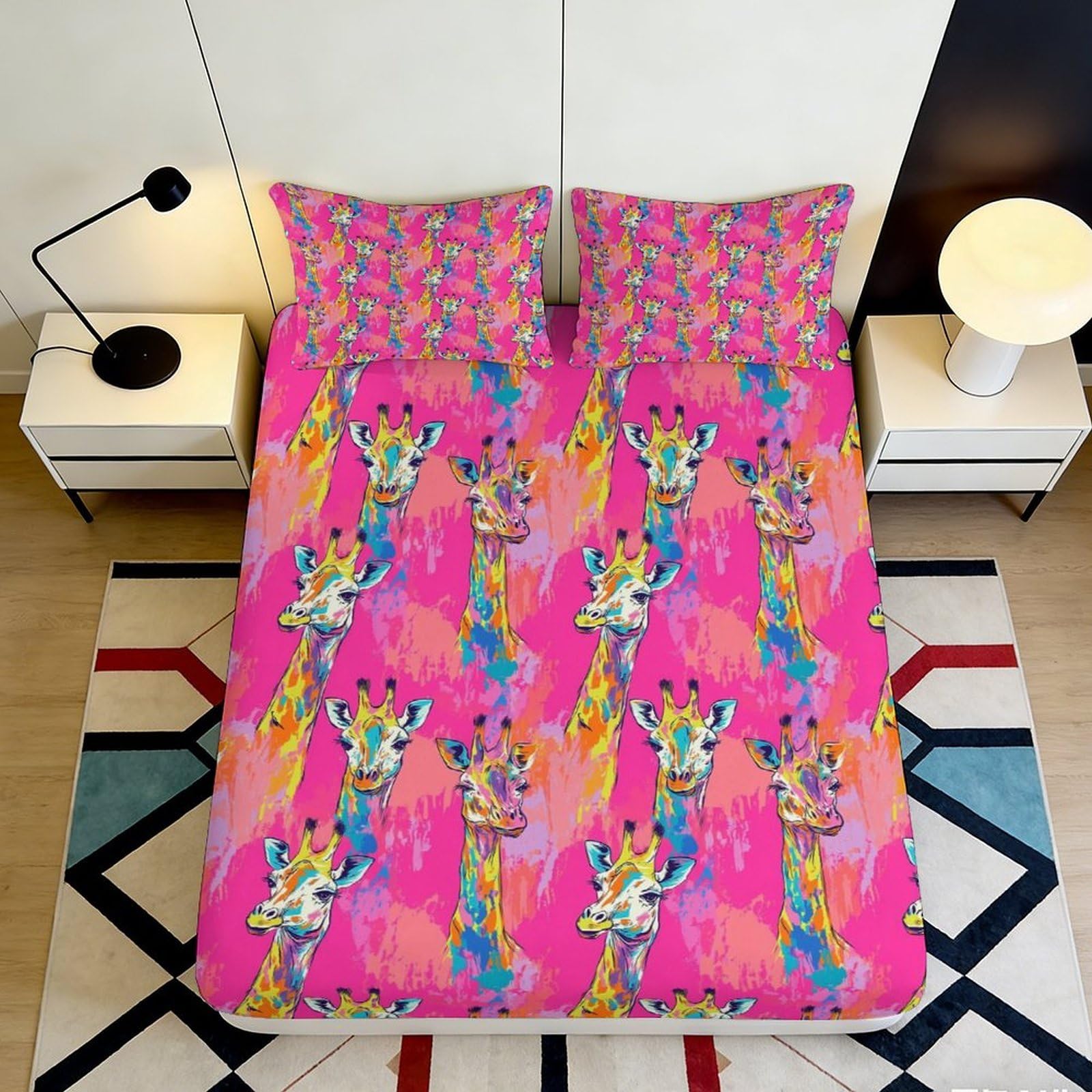 Pnayamiorkfel Style-1 3D Printed Colorful Giraffe Fitted Sheet Microfiber Pink Artistic Mattress Cover For Bedroom Guest Room Easy Care Anti-Slip 90X200x25cm