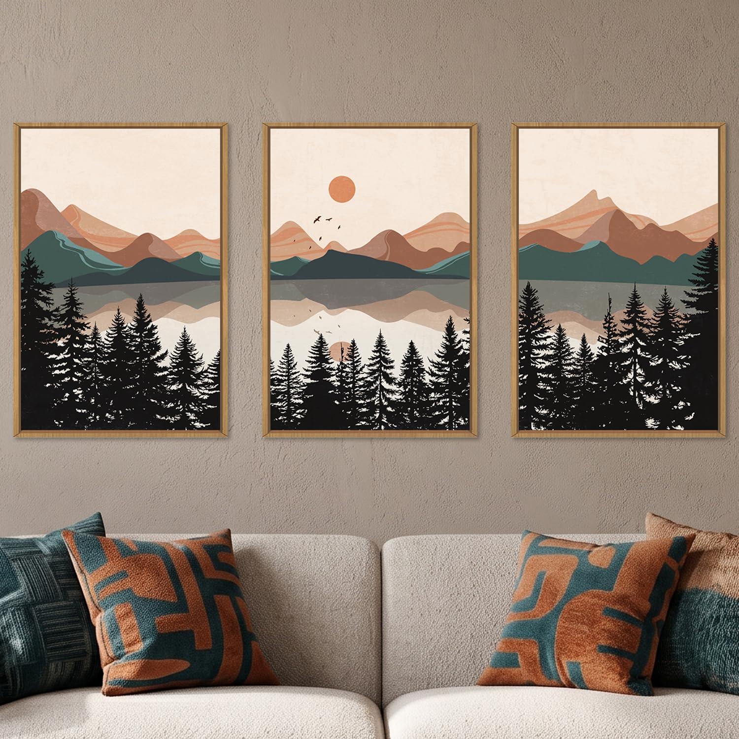KAIRNE Boho Mountain Sunset Framed Canvas Wall Art Set,Colorful Mid Century Forest Wall Decor,Beige Nature Pine Tree Art Prints,Abstract Modern Landscape Artwork for Living Room,Bedroom,Farmhouse,Office-24"x36"x3