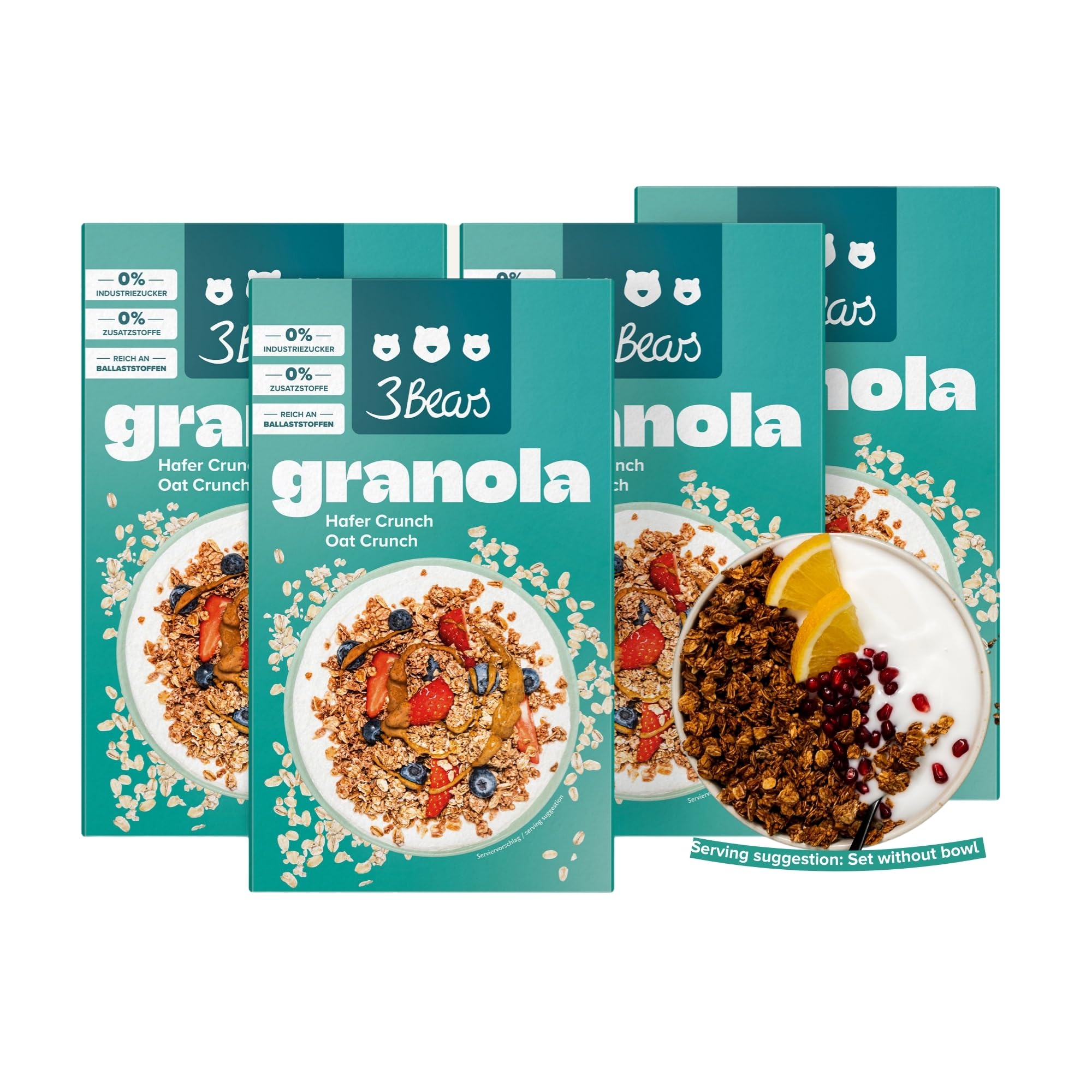 3Bears Granola – Crunch di avena | Granola croccante e vegana con fiocchi di cocco e cannella, 4 x 325 g | Senza zucchero industriale | In collaborazione con Sarah Harrison