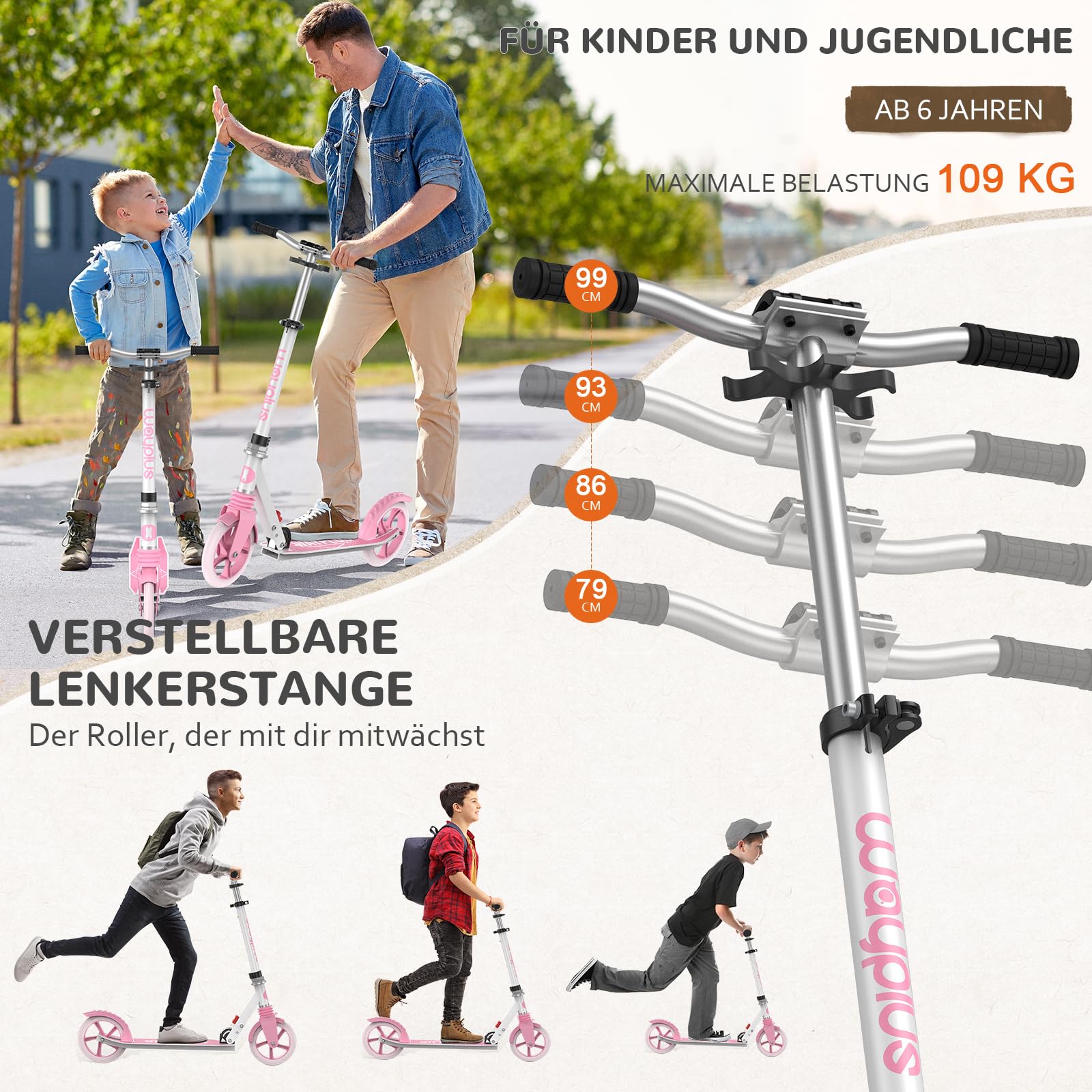 WAYPLUS Cityroller für Kinder, Jugendliche & Erwachsene ab 6 Jahren, Leicht & Zusammenklappbar, Max. Belastbarkeit 108kg, 200mm Räder mit ABEC9 Kugellager, Höhenverstellbar & Inkl
