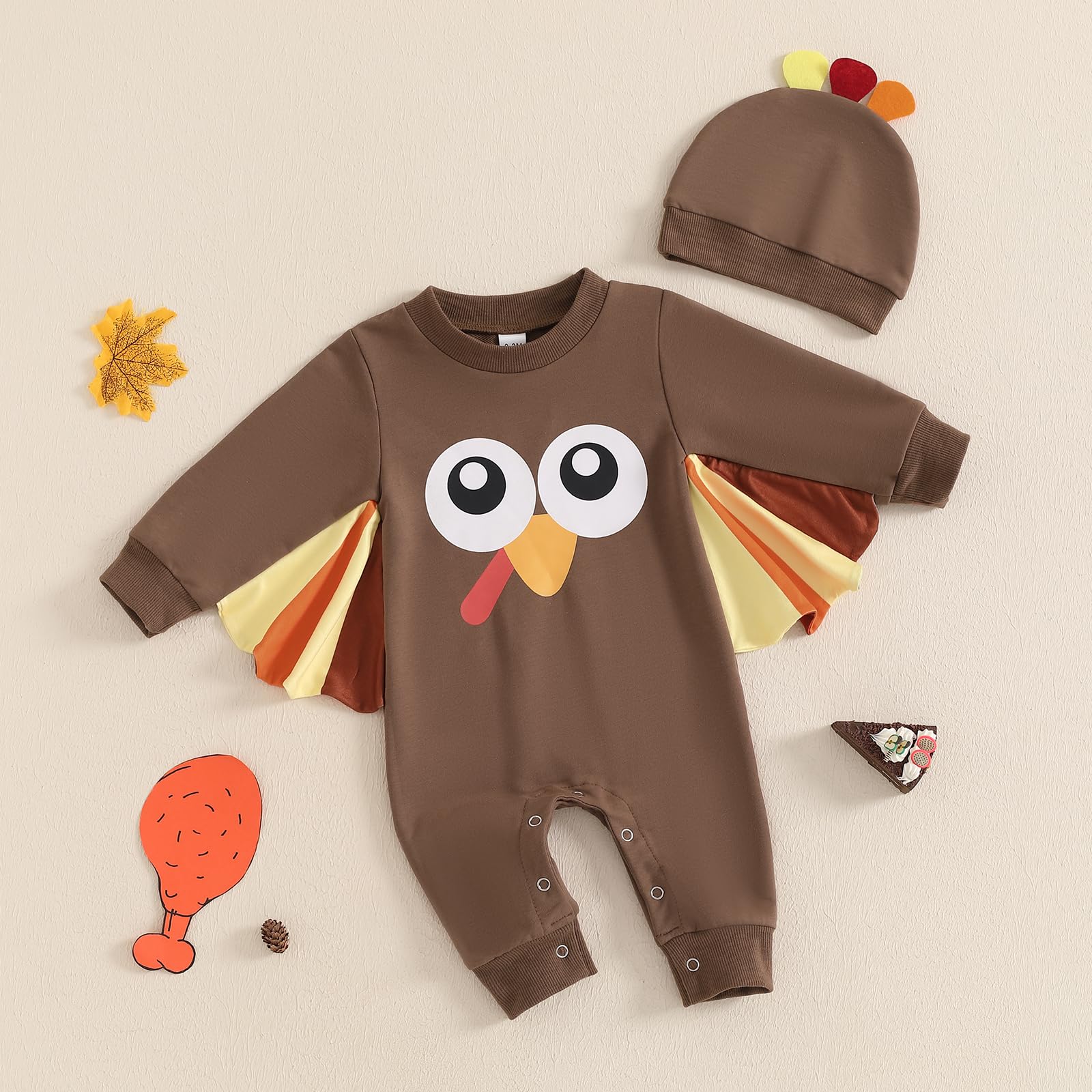 Newborn Baby Boy Girl Thanksgiving Jumpsuit Turkey Print Long Sleeve Bubble Romper Crest Hat Infant 2Pcs Fall Outfits (Coffee, 3-6 Months)