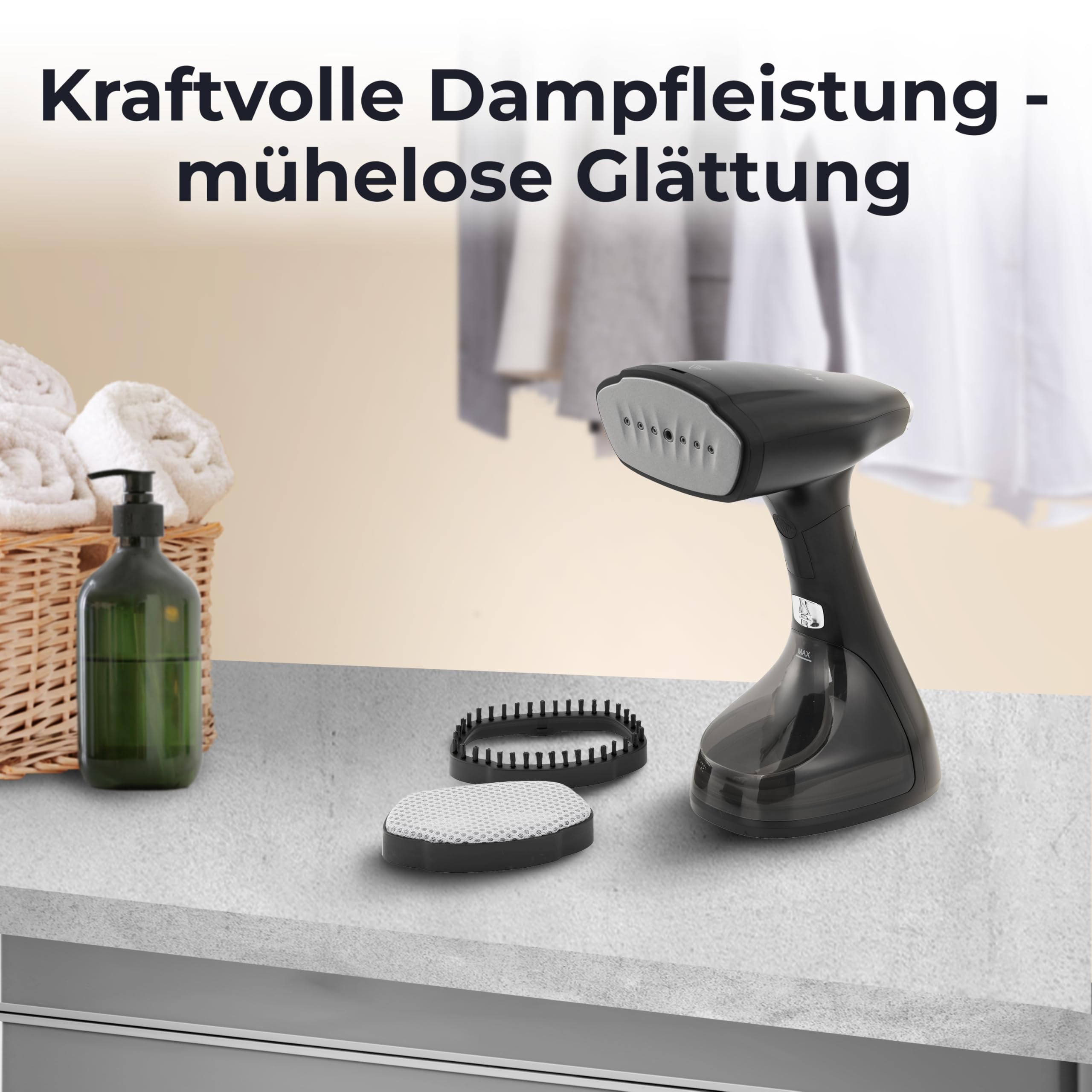KLAMER Dampfglätter, 280 ml Wassertank, Dampfleistung 25g/min, 1800W, 2 Aufsätze geeignet für alle Stoffe von Seide bis Baumwolle, klappbar für Zuhause, Reisen und Büro
