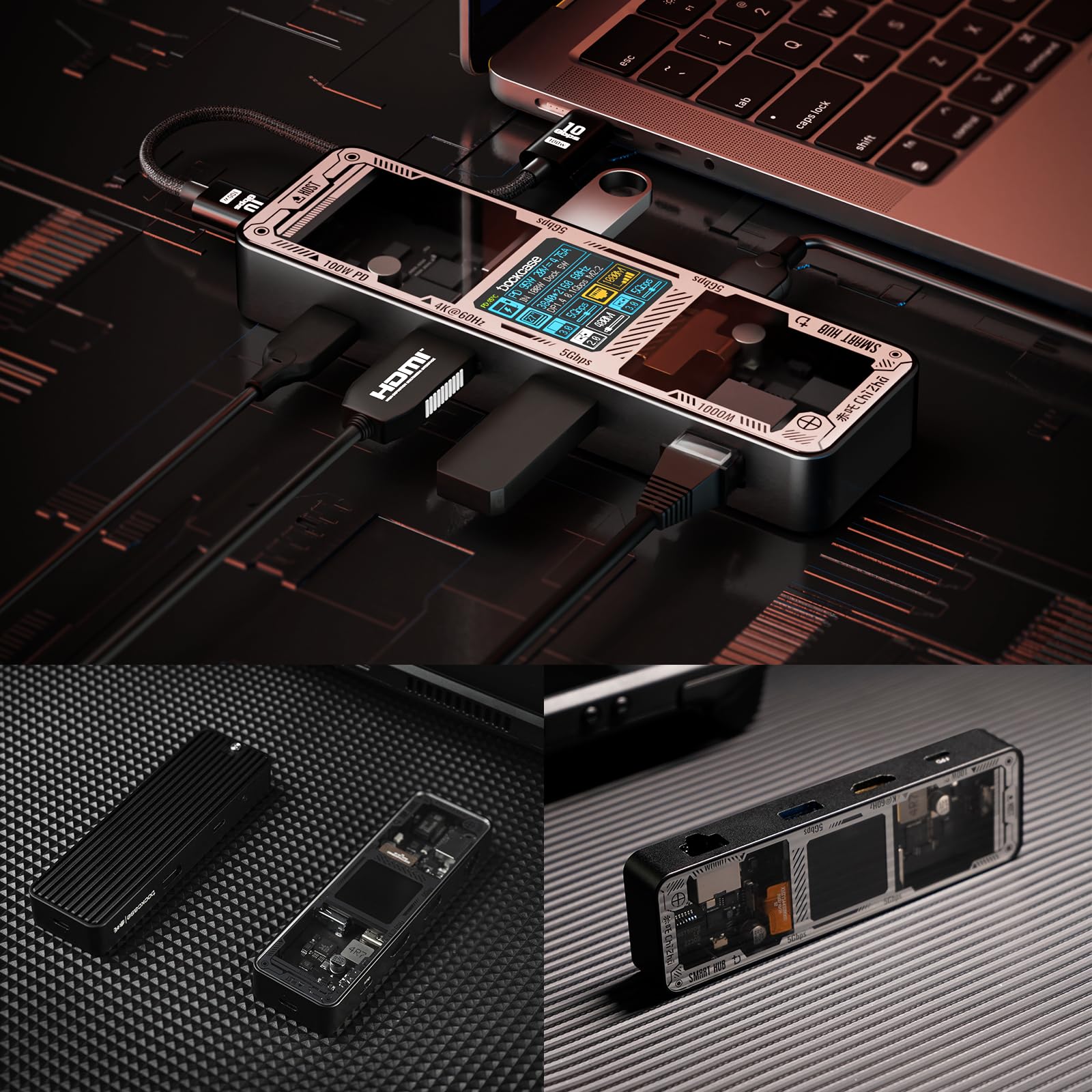 DOCKCASE Explorer Edition USB C Smart Hub 6 en 1, 1 puerto Gigabit Ethernet, adaptador multipuerto HDMI 4 K a 60 Hz, PD 3.0 100 W, 2 USB-A 3.2, 1 puerto USB-C, base USB C para MacBook Pro/Air, Dell