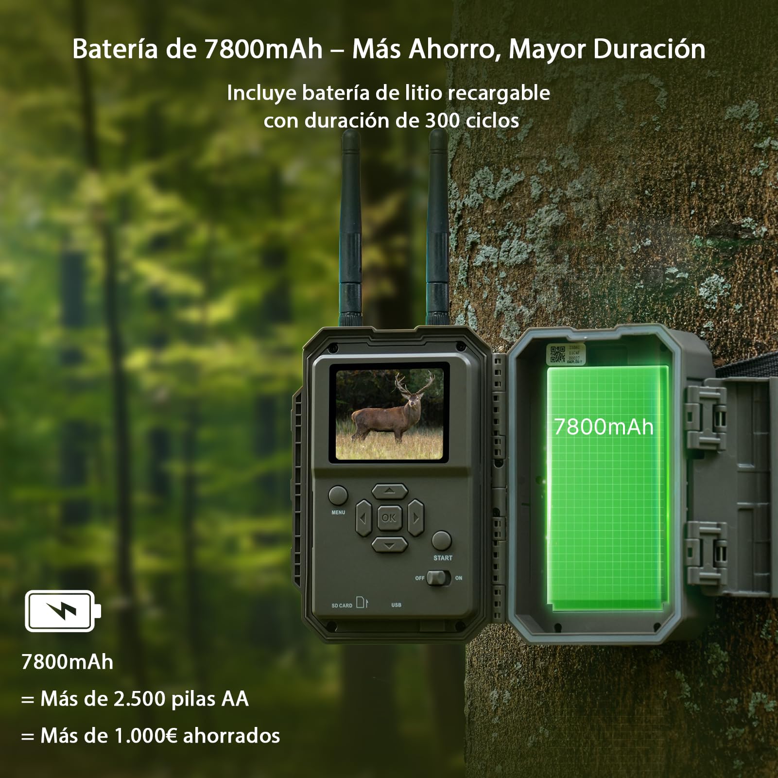 GardePro E8 2.0 Pro Cámara de Caza, WiFi de Doble Antena con Tarjeta SD de 64GB, Batería Recargable 7800mAh, 64MP 4K H.264, Alcance de Visión Nocturna de 30m y 0,1s Tiempo de Activación, IP66