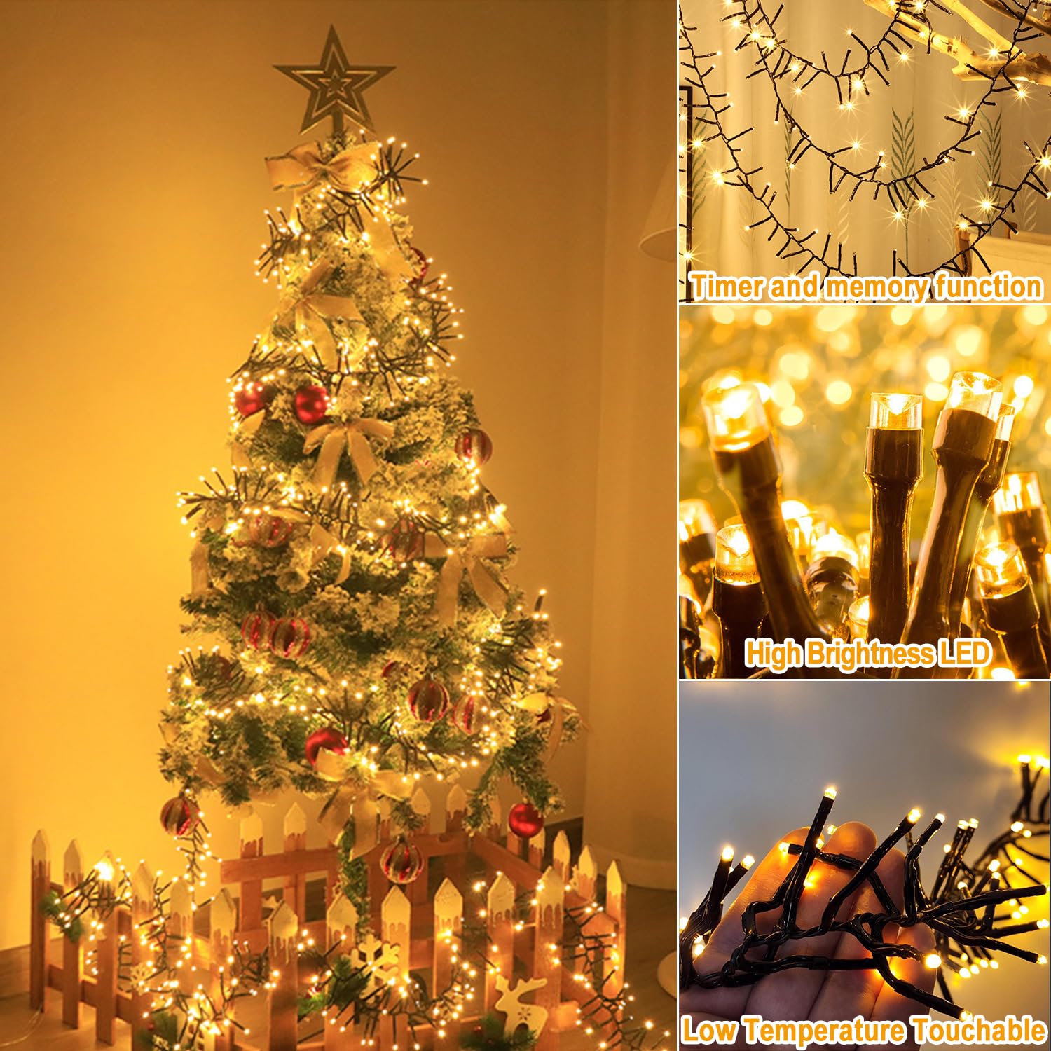 Guirlande Lumineuse Extérieure, 20m 1000 leds Guirlandes lumineuses en grappe Blanc Chaud avec 8 Modes, Minuterie, Fonction Mémoire, IP44 Extérieure pour Fête, Jardin, Décoration de Noël