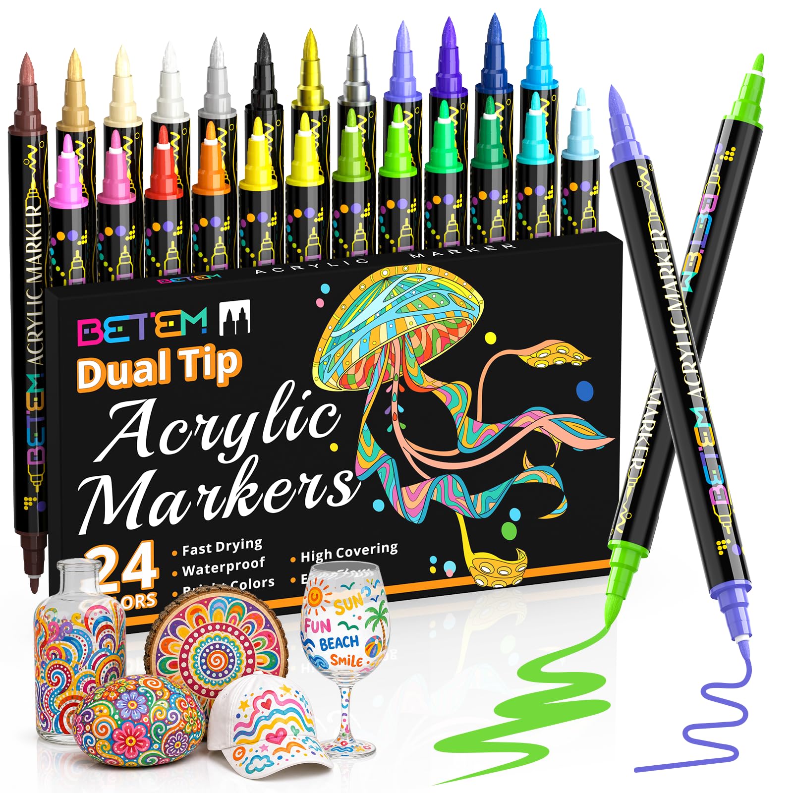 Amazon.com: Betem Dual Tip Acrylic Paint Pens, 24 Colors Paint