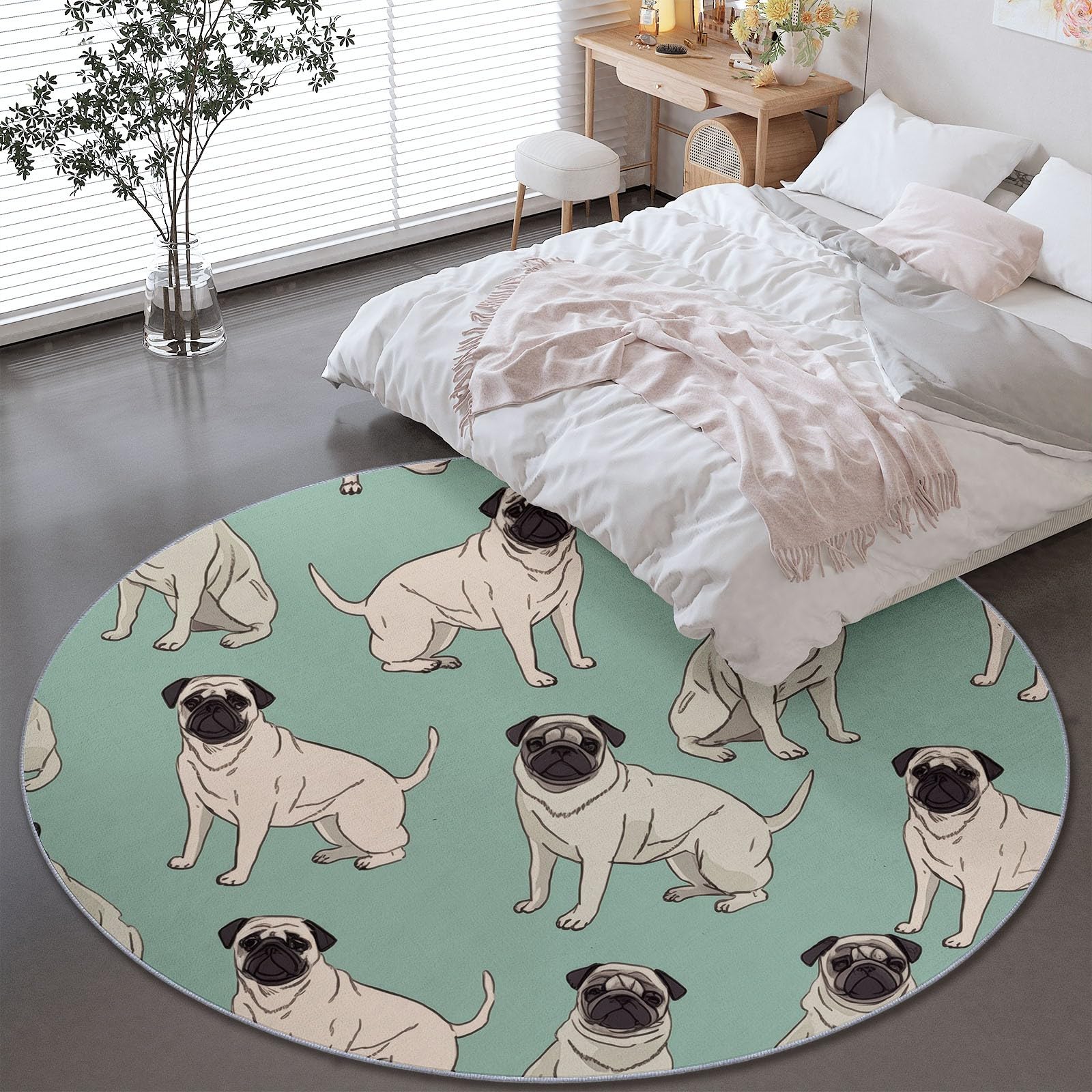 Indoor Round Rug Cartoon Cute Pug Print - Non-Slip Washable Soft Circle Carpet Mat 120 cm, Pale Green Non Shedding Low Pile Circle Rugs for Kids Room Entryway Bedroom Living Room Hallway