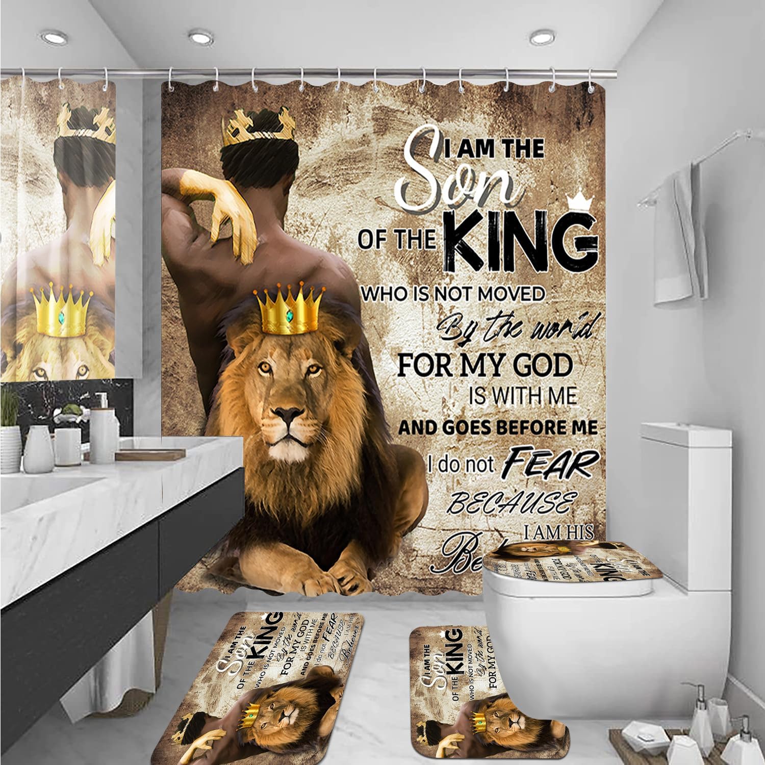 4Pcs Bathroom Shower Curtain Sets, Shower Curtains with Rugs Toilet Lid Cover Bath Mat, Waterproof Fabric Home Decorations Bath Mat Sets