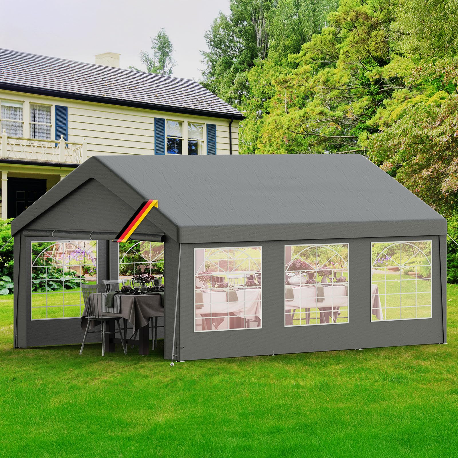Carpa de jardín 4 x 6 m, impermeable PE 200 g/m², estructura de acero sólida, protección UV 50+, paredes laterales extraíbles, bolsa de transporte incluida, gris