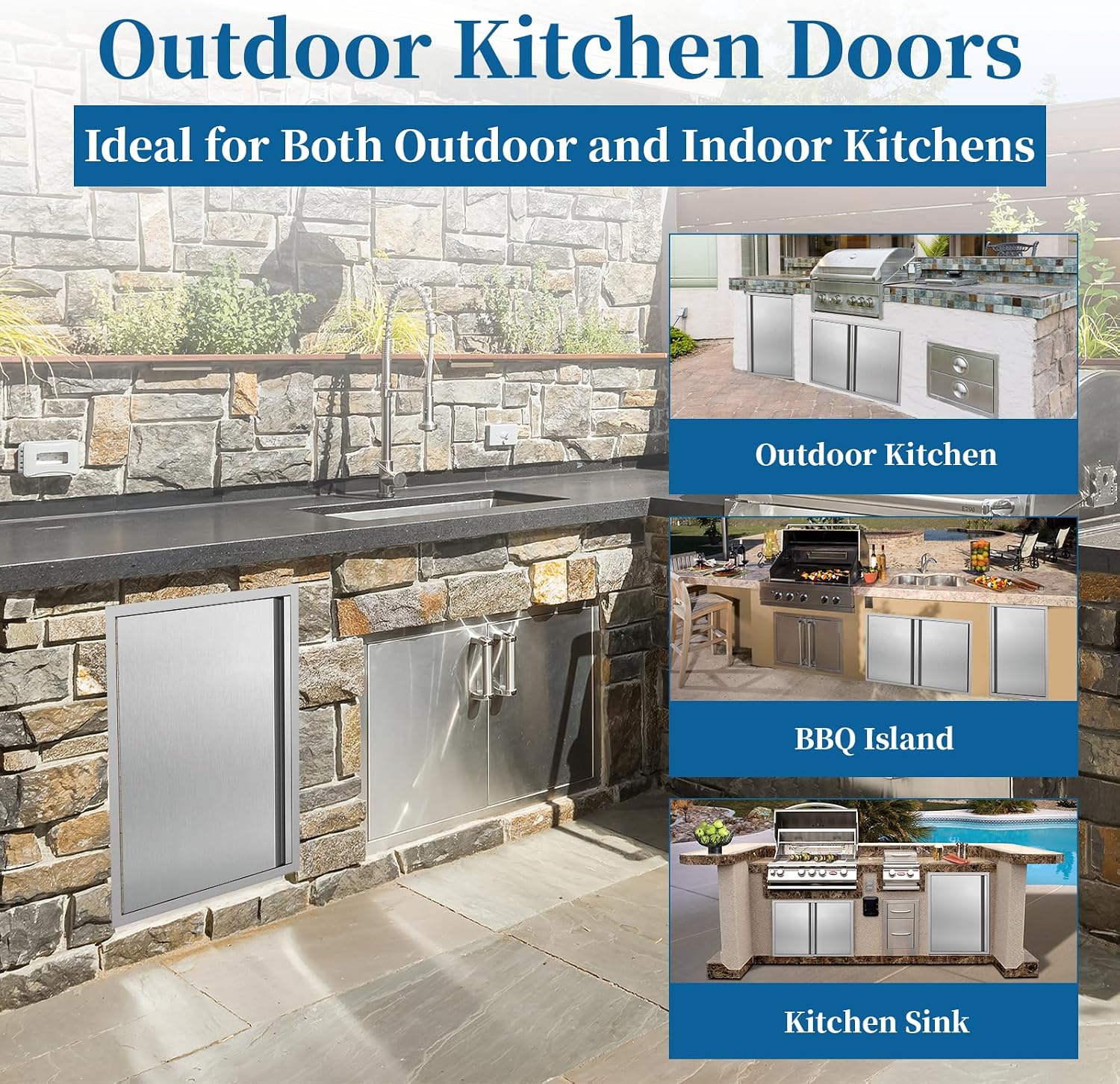 Outdoor Kitchen Doors 17''W x 24''H Stainless Steel BBQ Single Access Door with Vertical Hidden Handles Access Cabinet Door,Flush Mount Door for Grilling StationIsland& Cabinet
