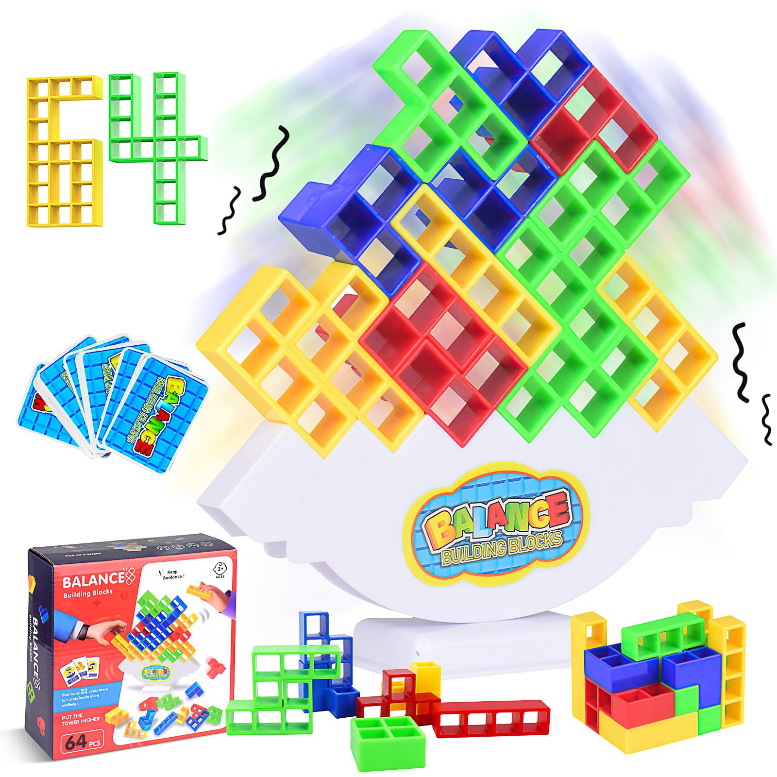 64Pcs Balance Stacking Toy Blocks Game Board Games for Adults and Kids, Stack Attack Board Game for 2 Players+ Family Games, Party, Travel, Team Building Blocks Toy uzzle game Board Game for Kids 8-12