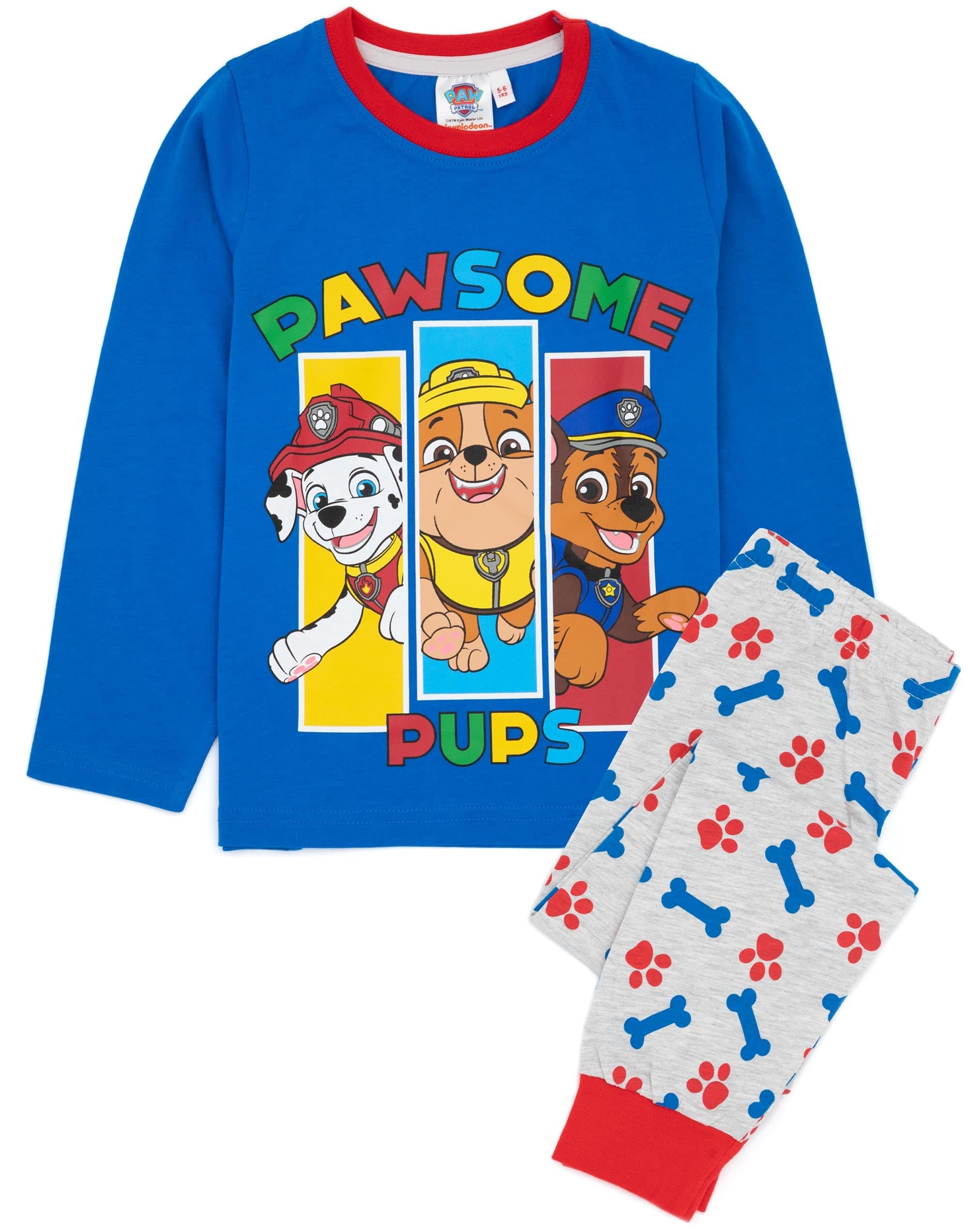Paw Patrol Boys Blue Pyjama Set | Kids Loungewear T-Shirt & Pants Pj Bundle | Chase Rubble Marshall Pawsome Pups Long Sleeve Tee Long Leg Bottoms Pajama | Nightwear Merchandise Gift For Children