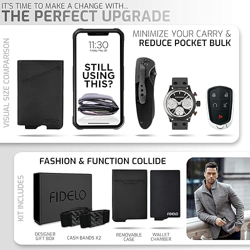 Miniatura 5 de Fidelo - Cartera minimalista para hombre, tarjetero delgado para tarjetas de crédito, con tecnología de bloqueo RFID, funda extraíble, negro (Black